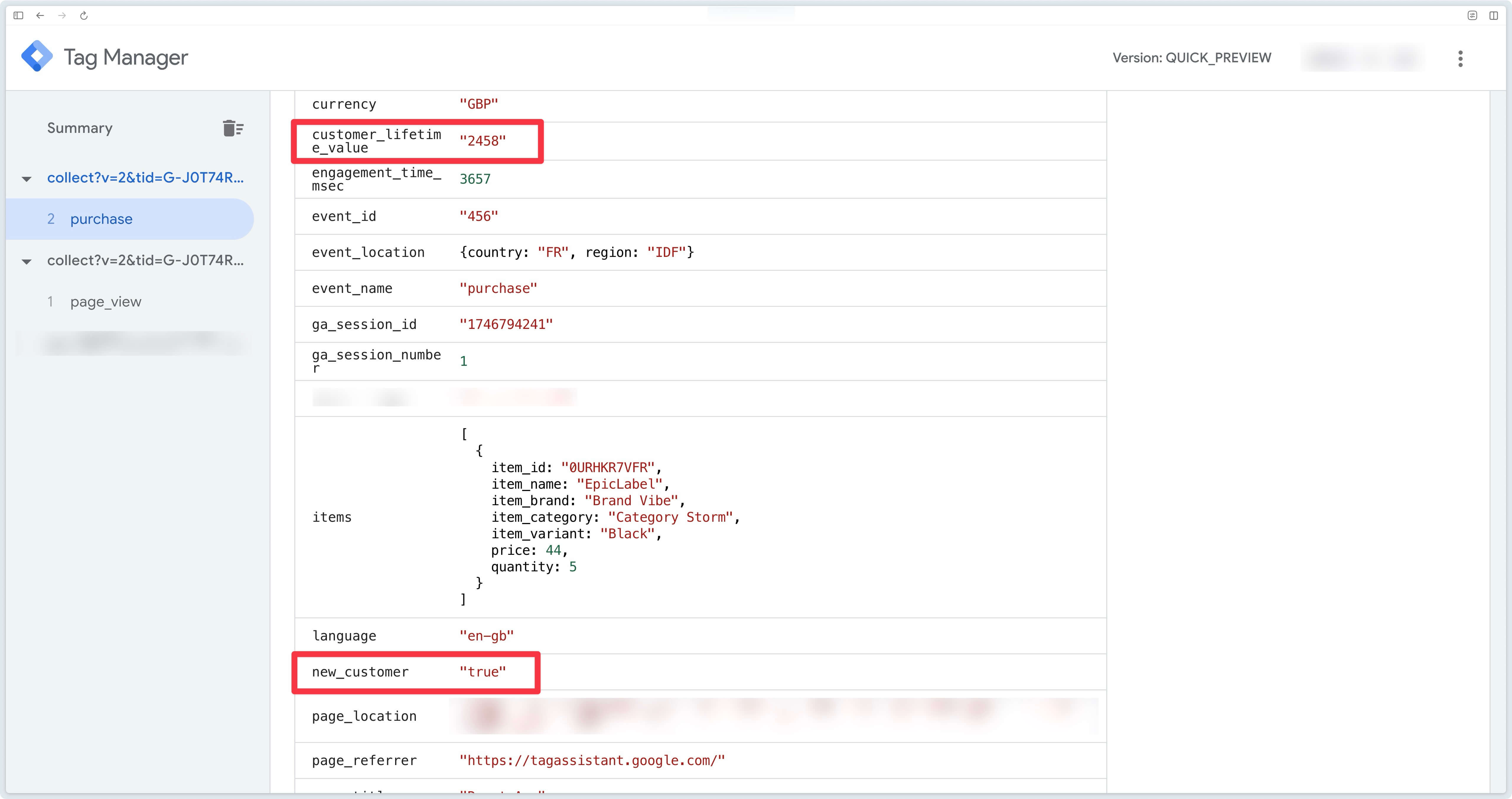 Paramètres new_customer et customer_lifetime_value dans les données d'événement