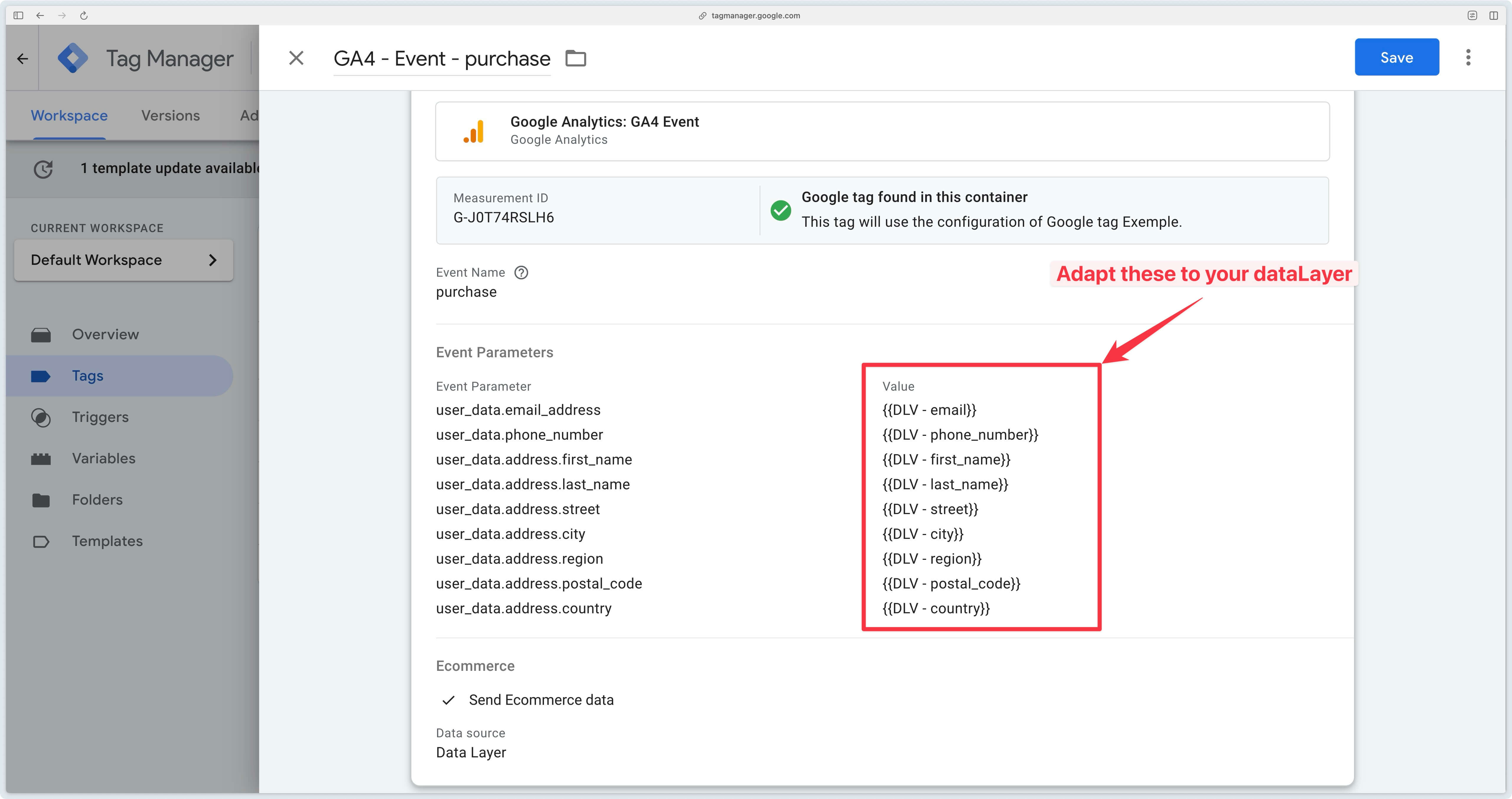 Événement GA4 purchase dans GTM Web avec les données utilisateur