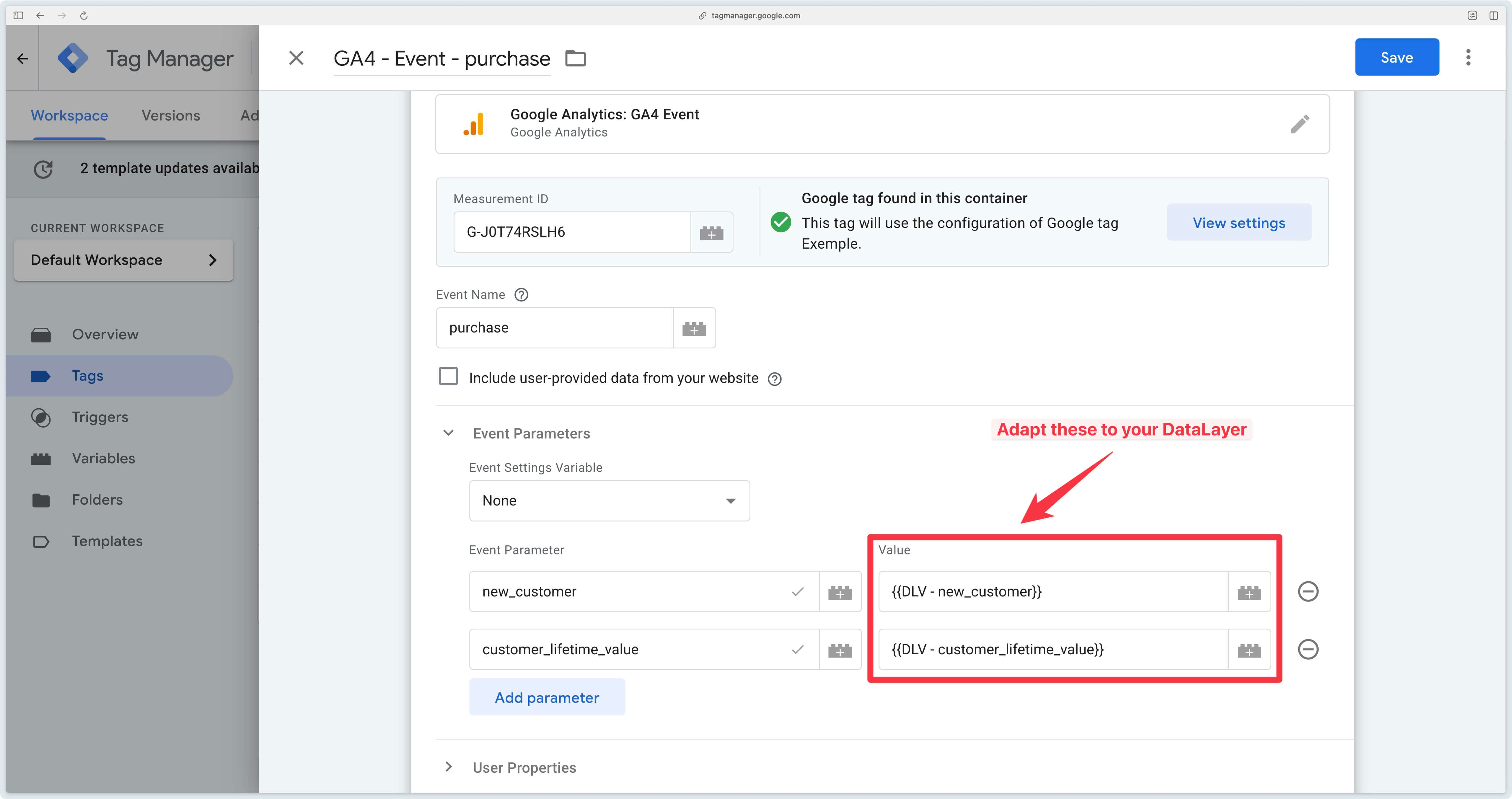Événement GA4 purchase dans GTM Web avec les données sur les nouveaux clients