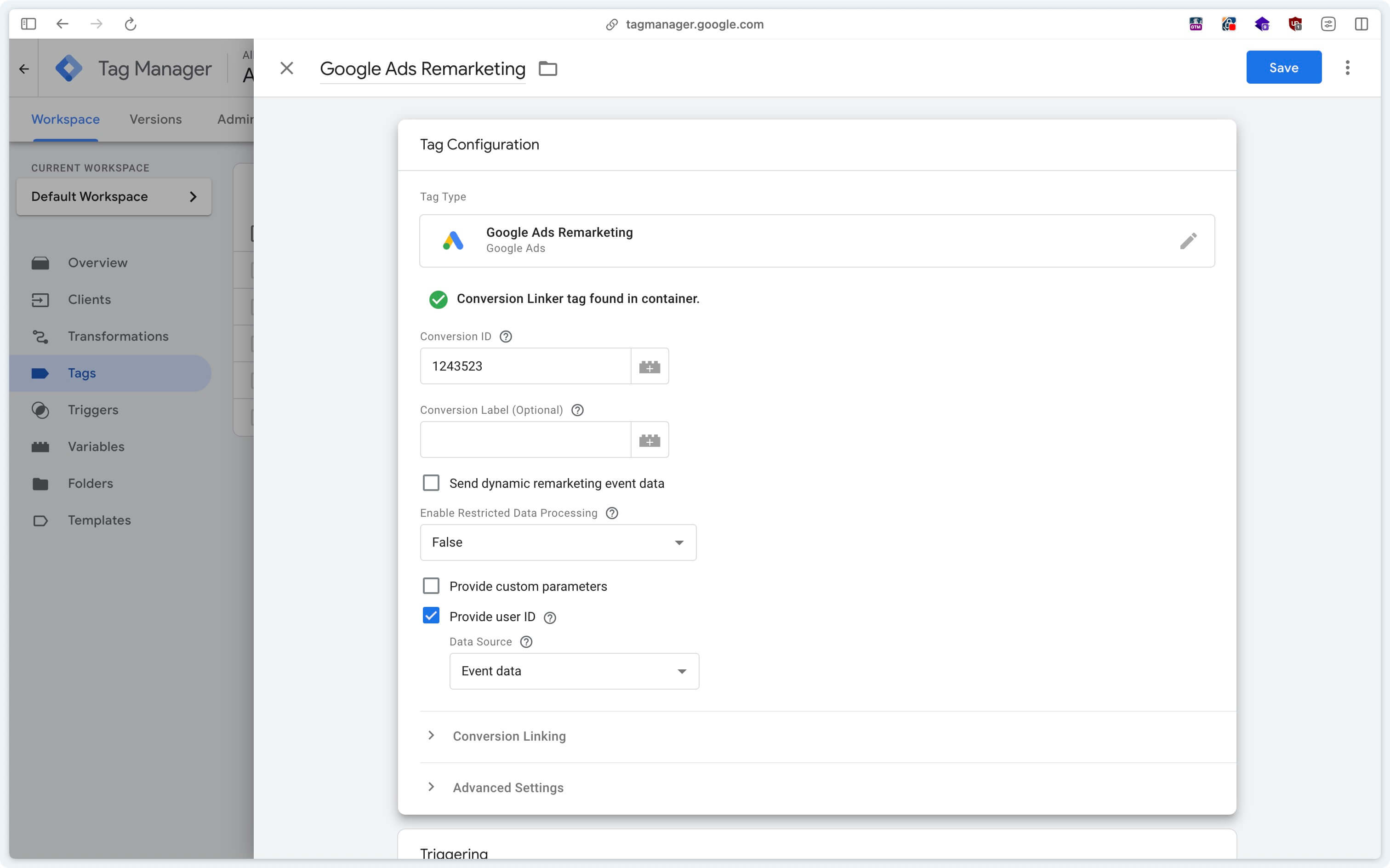 Activation de l'identifiant utilisateur dans Google Ads Remarketing