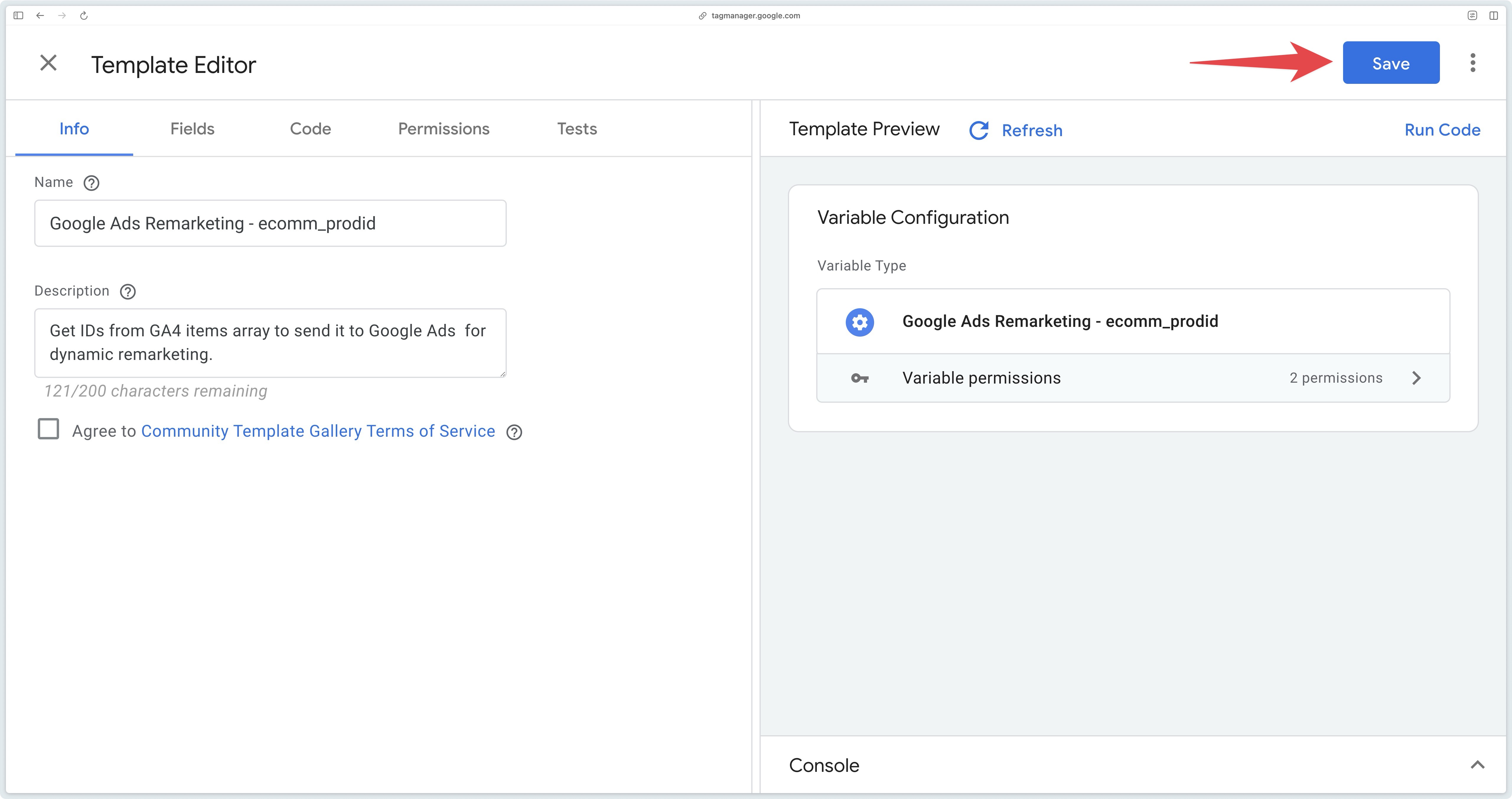 Button to save variable template in sGTM