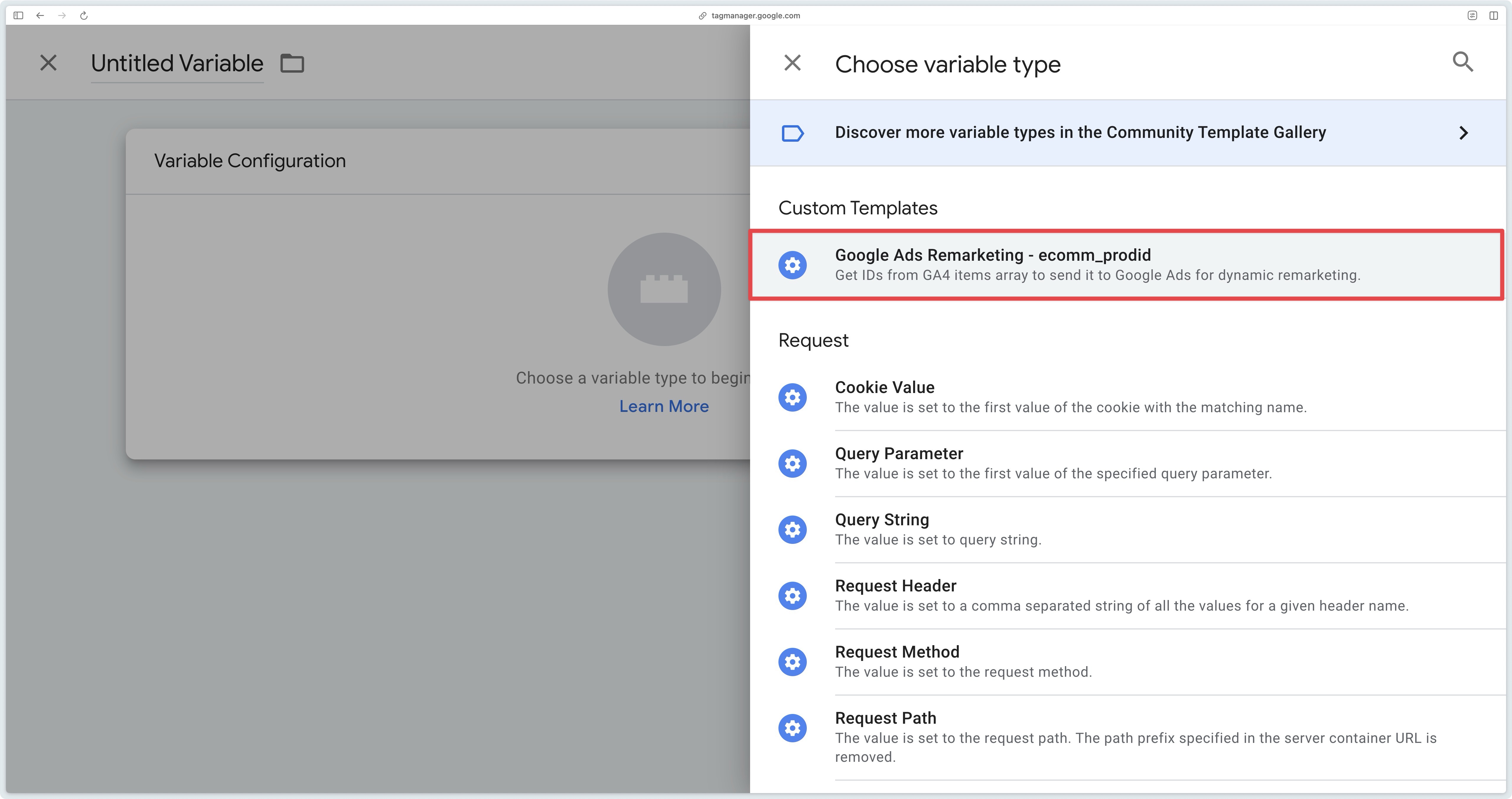 Selecting the ecomm_prodid variable in sGTM