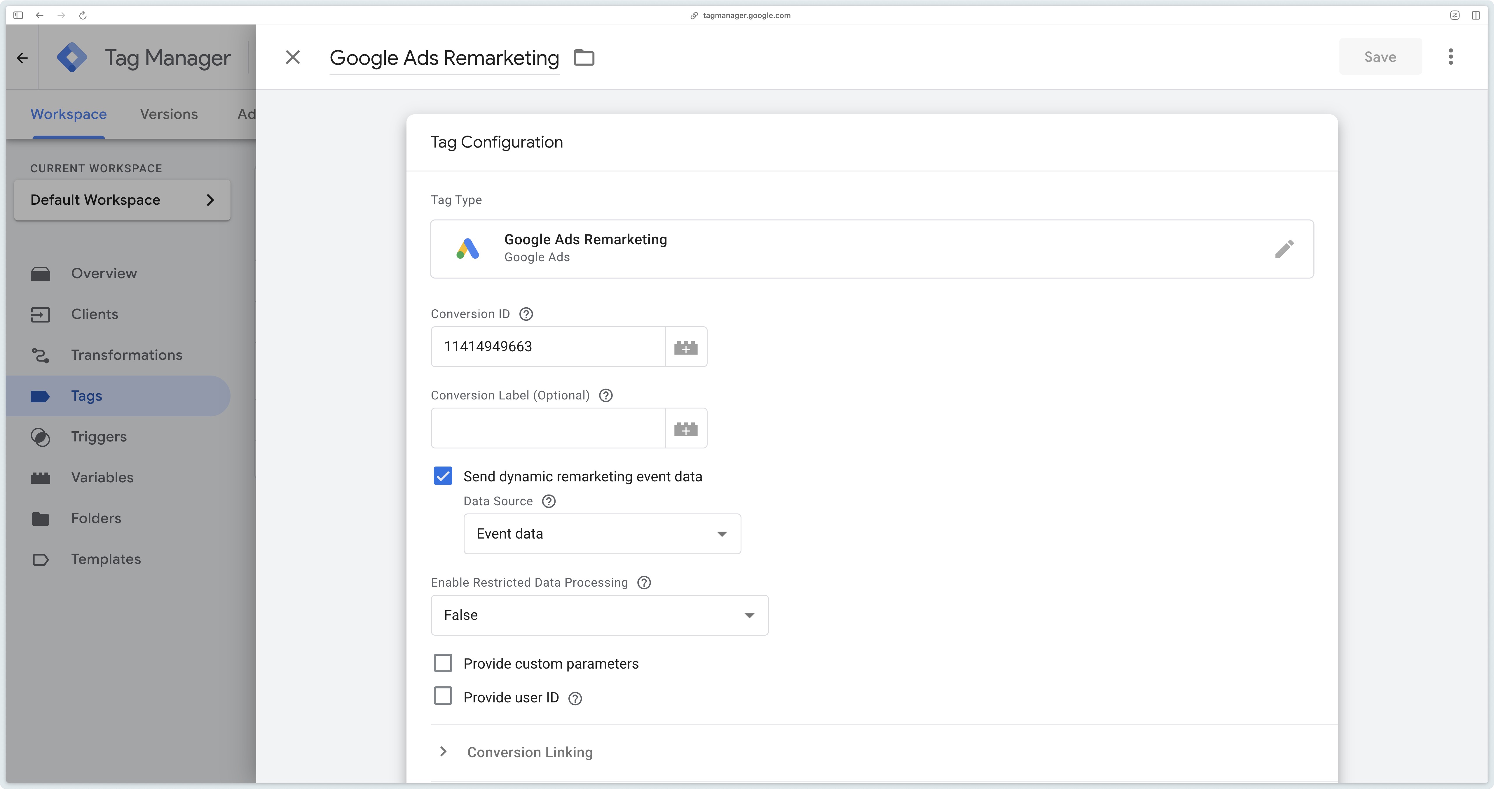 Tag with Send dynamic remarketing data box checked