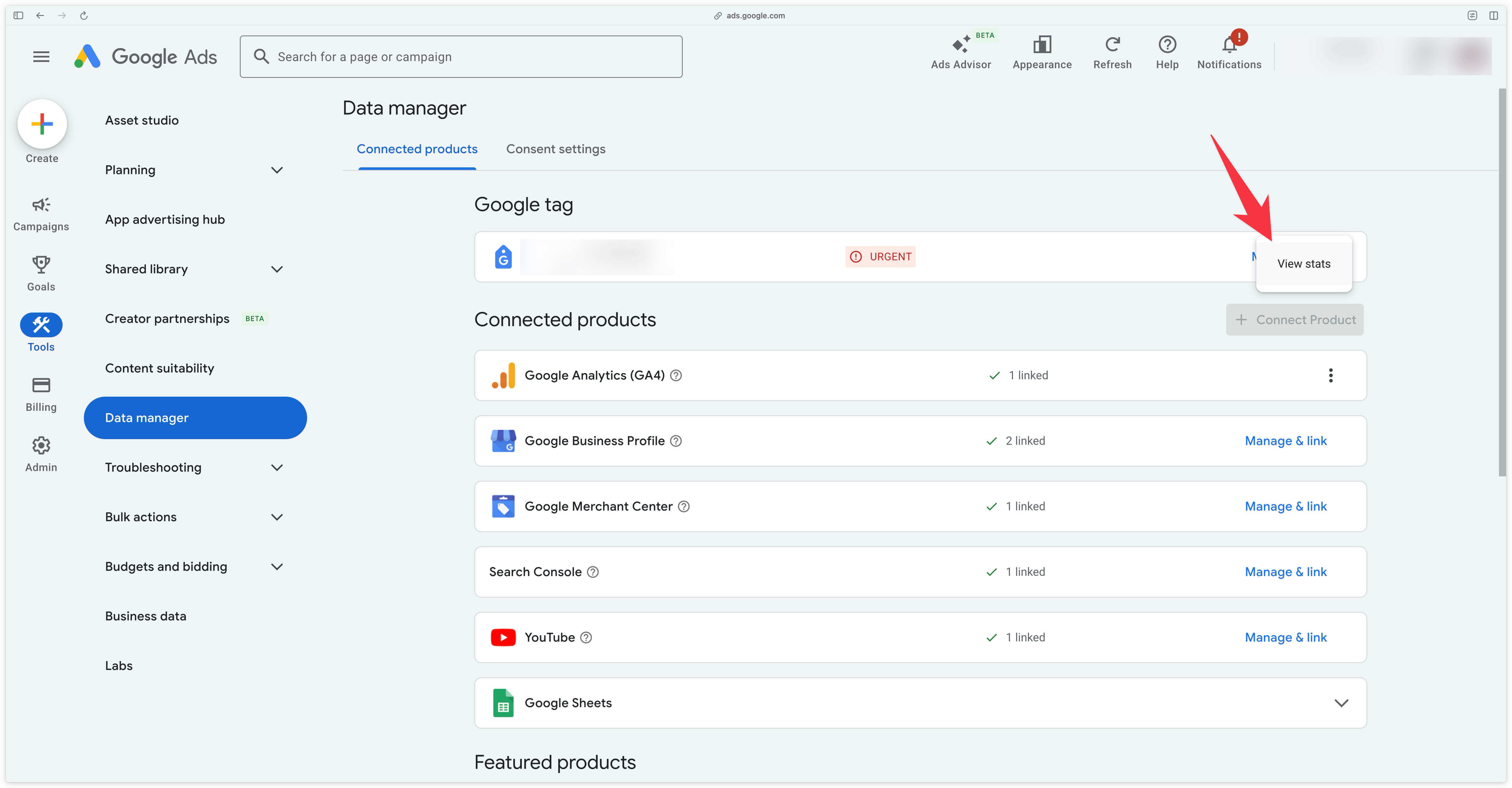 Bouton view stats du Google Tag
