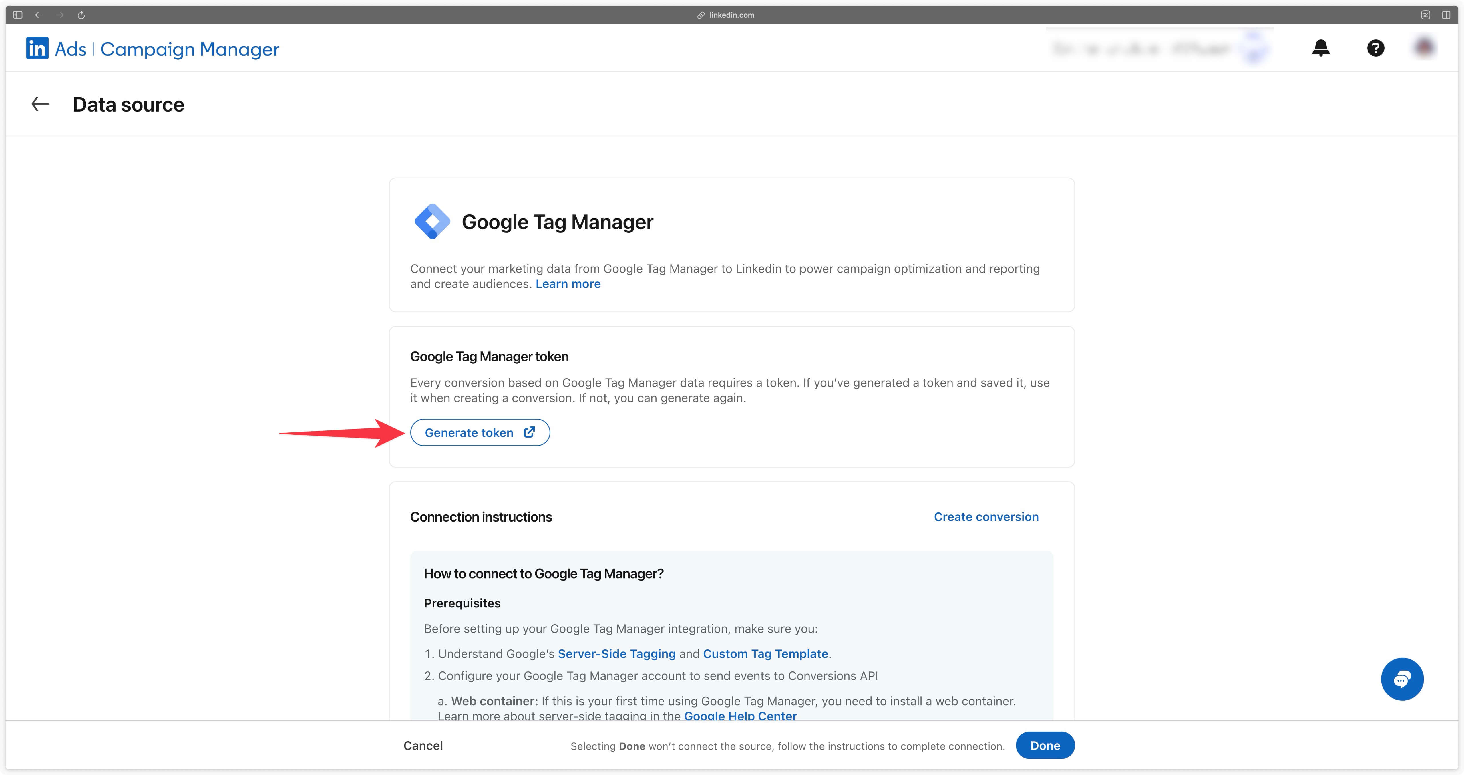 Bouton pour générer l'Access Token dans le Campaign Manager LinkedIn