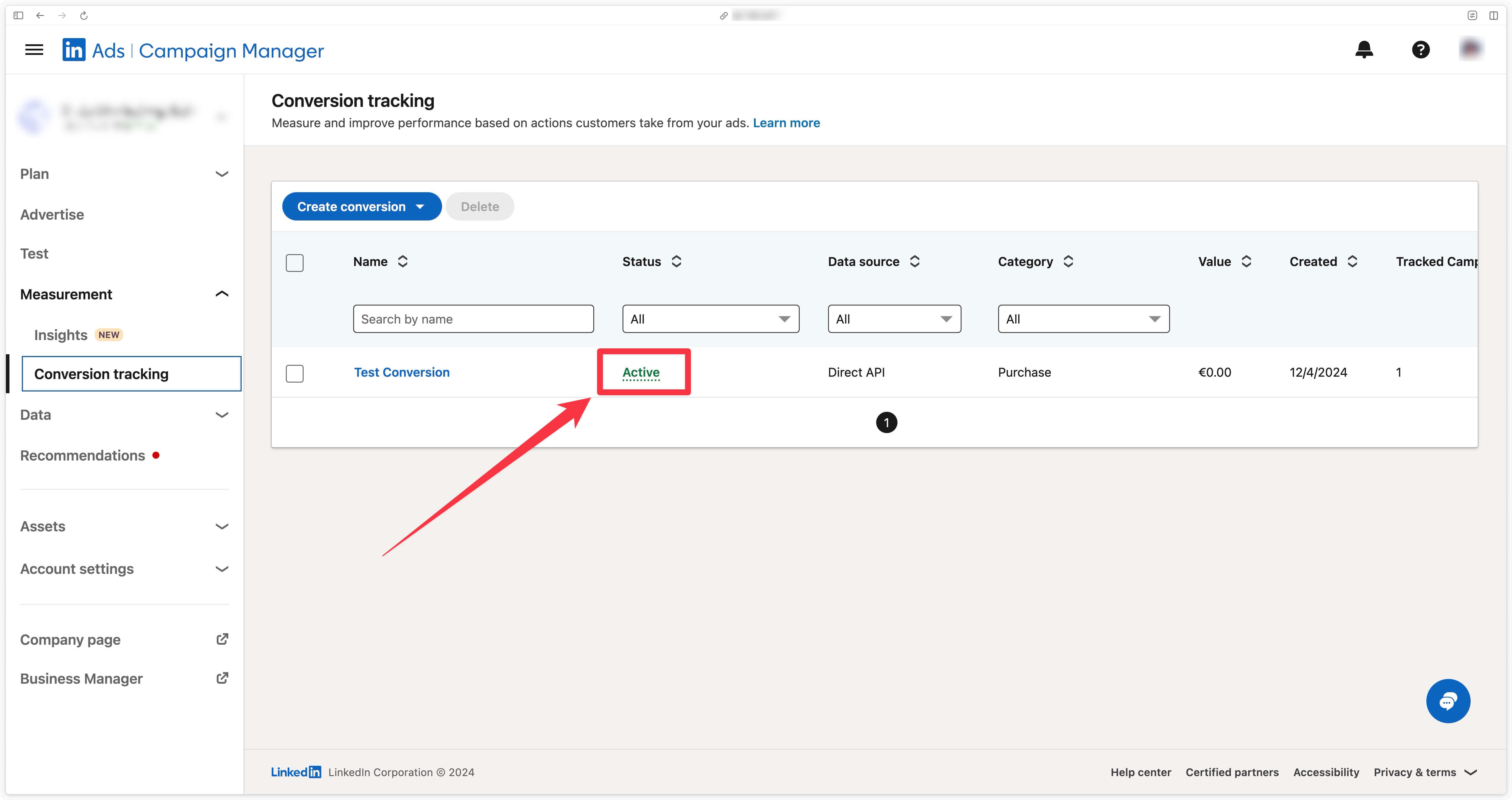 Conversion active in LinkedIn Campaign Manager