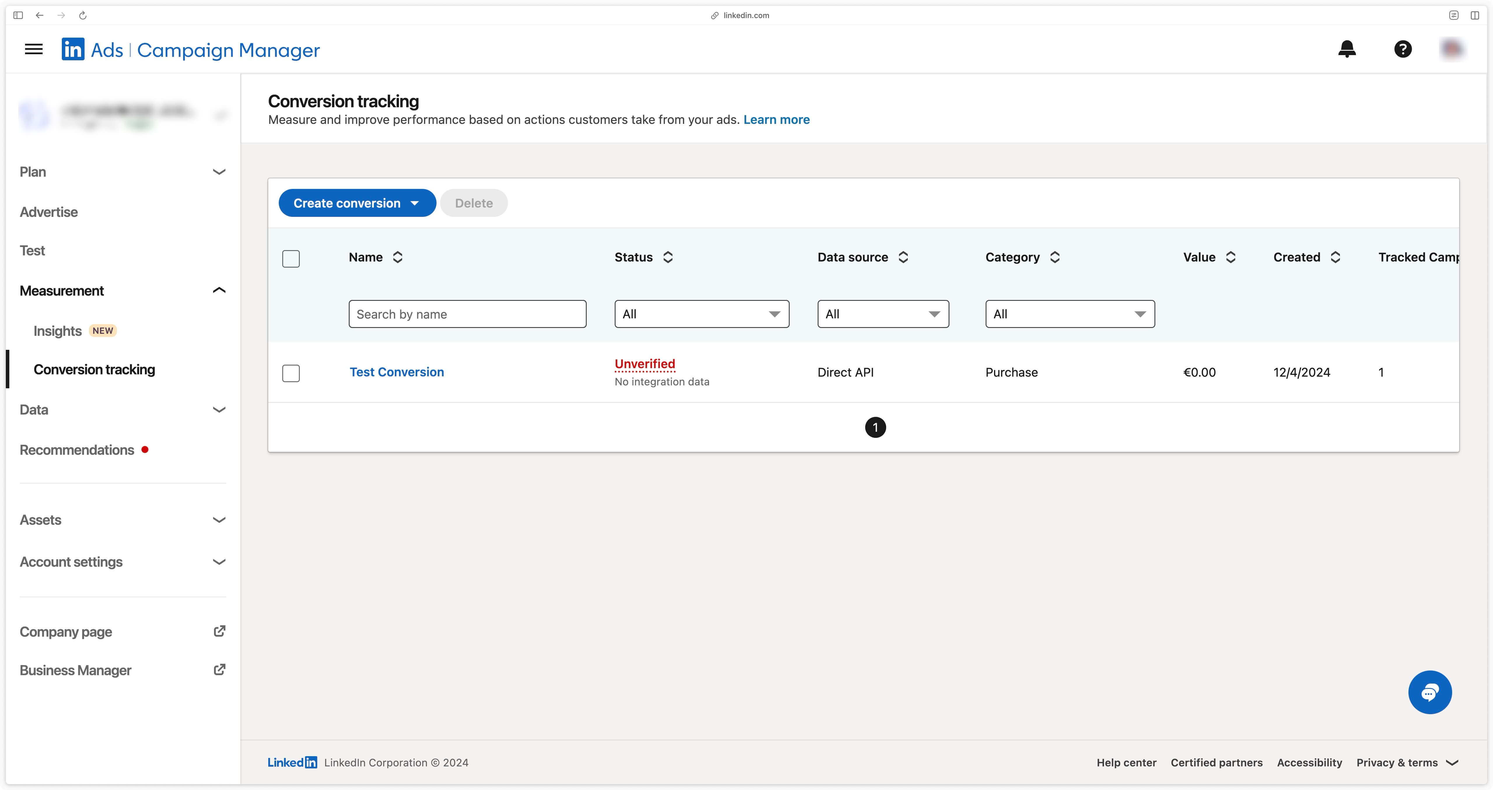 New conversion created in LinkedIn's Campaign Manager