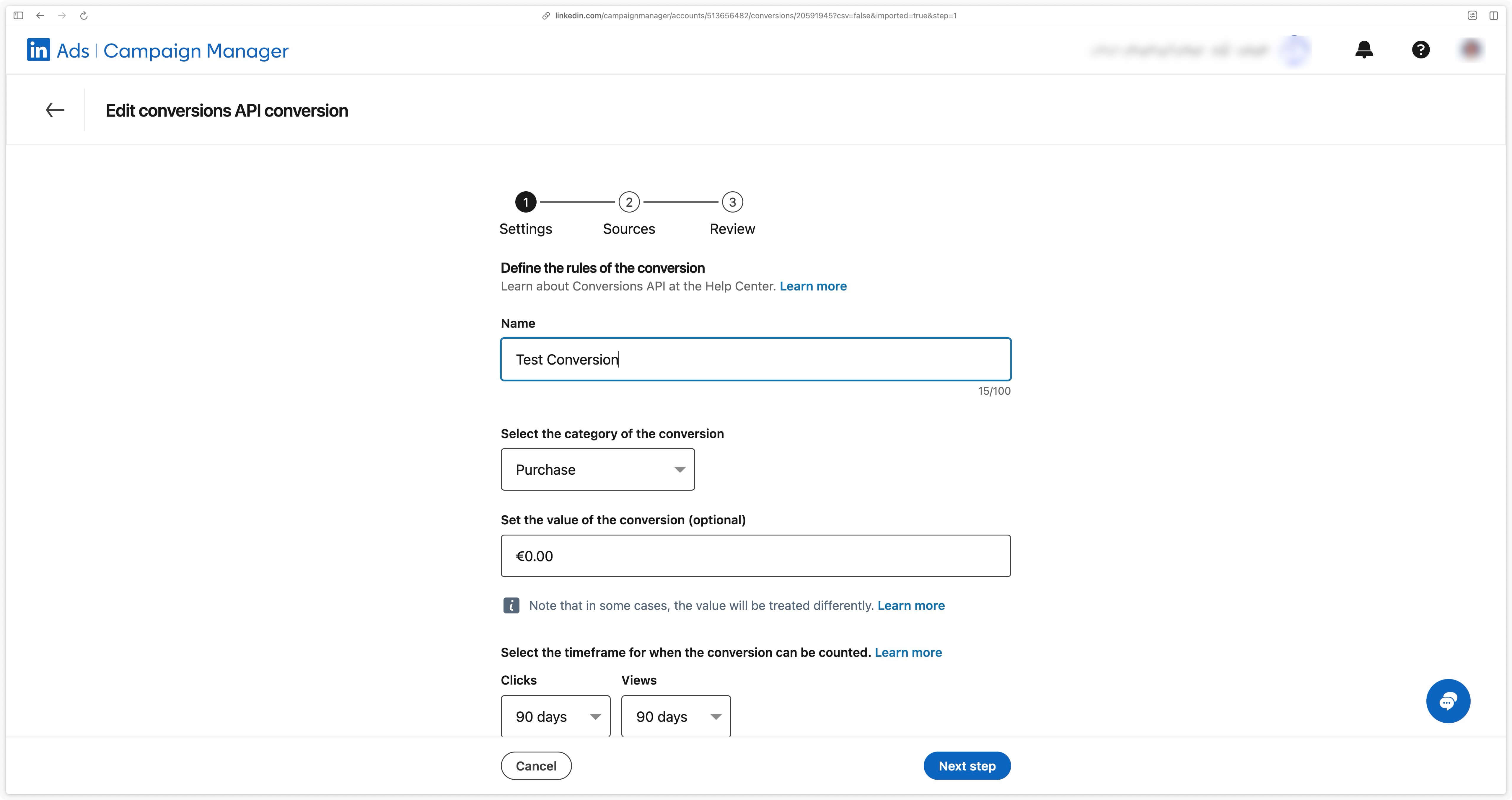 Modification of a conversion action in LinkedIn's Campaign Manager