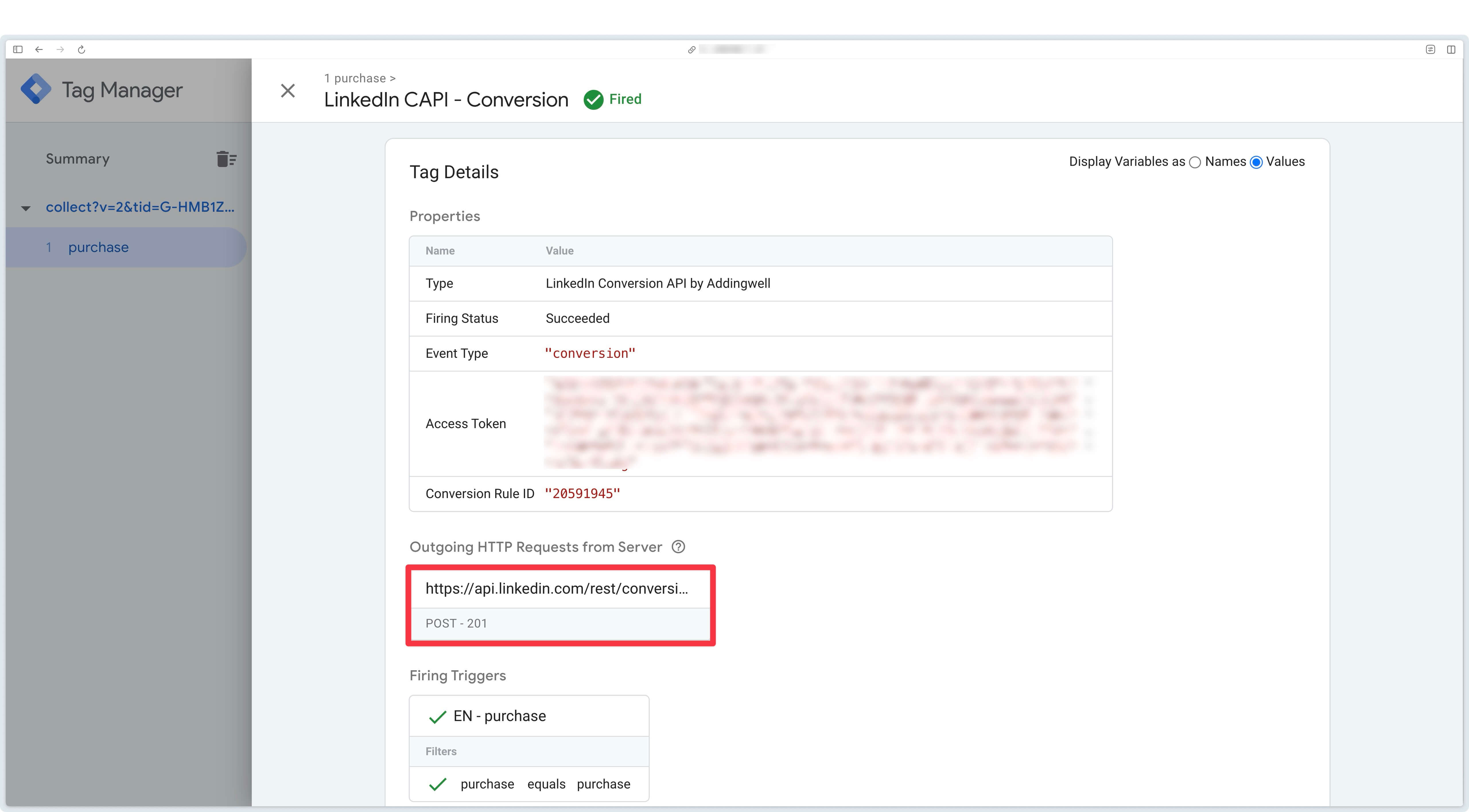 Detailed view of LinkedIn CAPI tag triggering on a conversion event