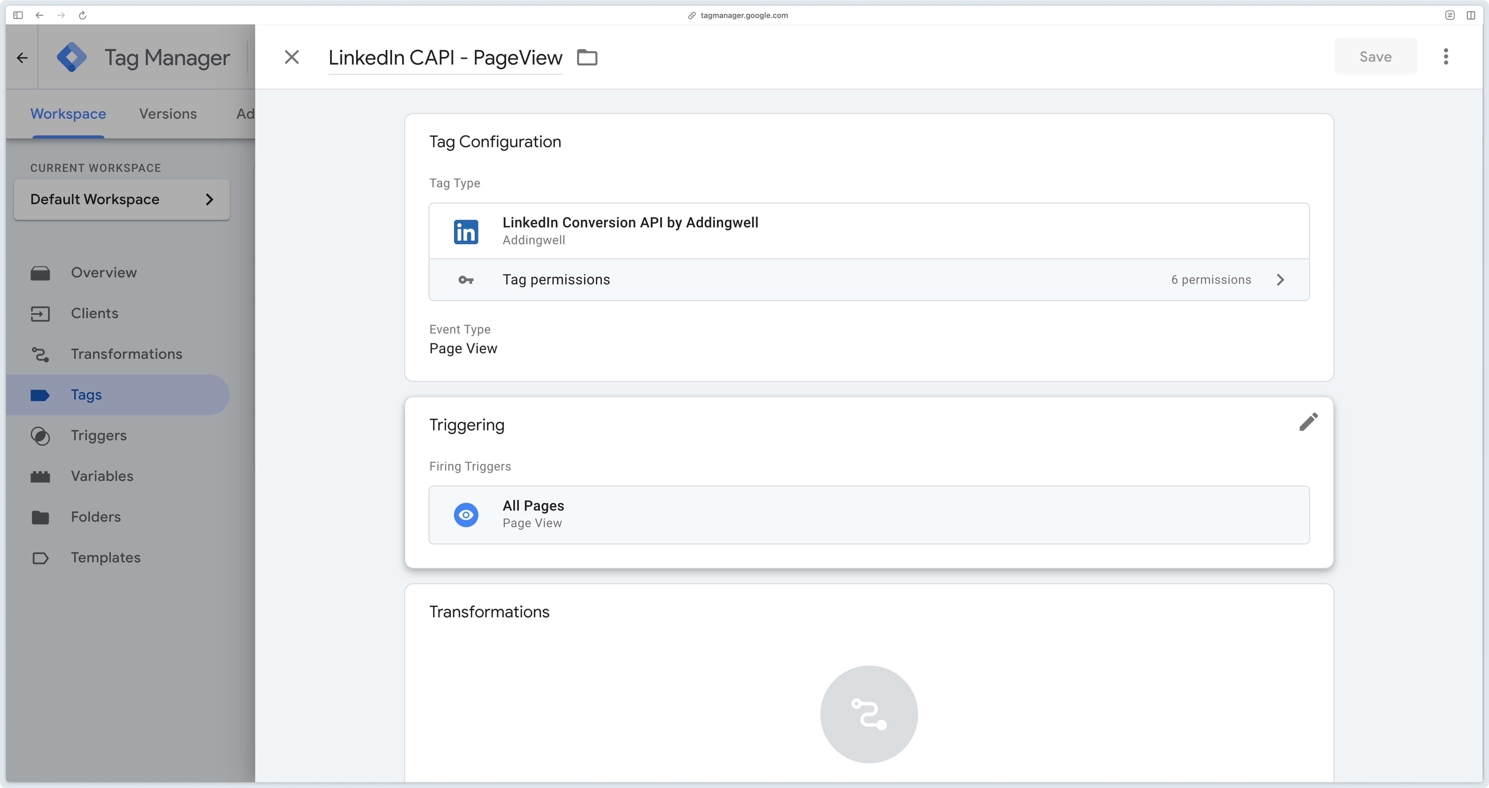 LinkedIn CAPI tag configuration with Event Type at Page View