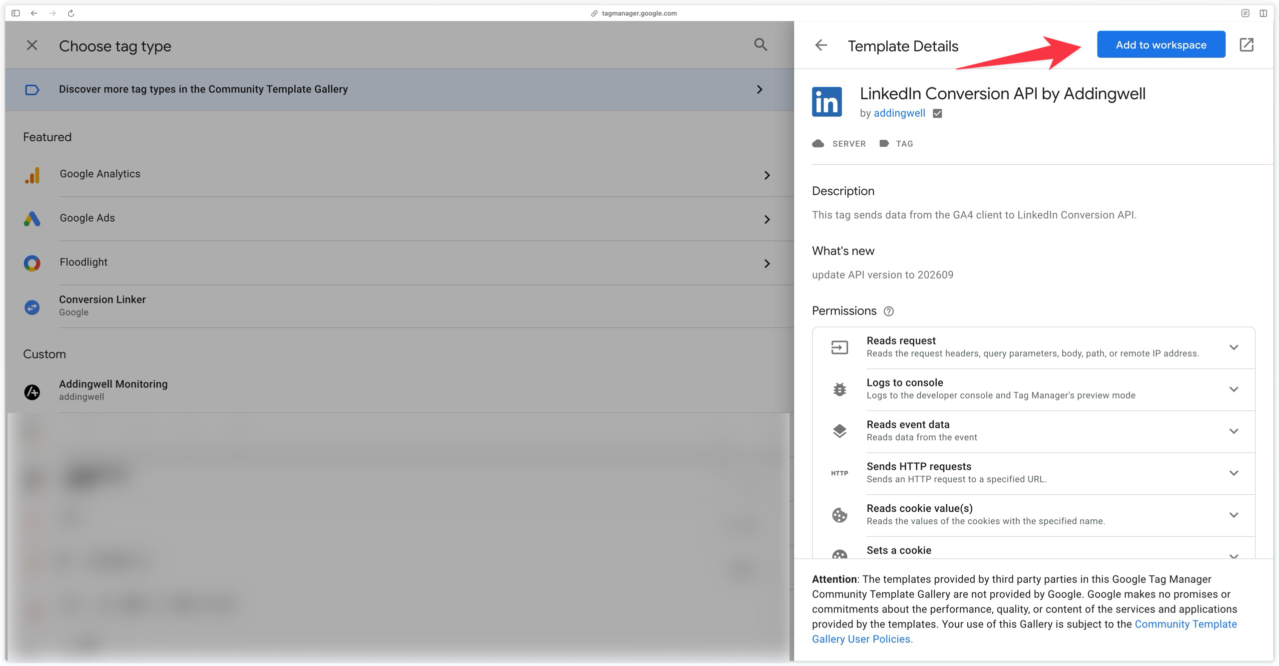 Importing the LinkedIn CAPI by Addingwell tag from the Community Template Gallery