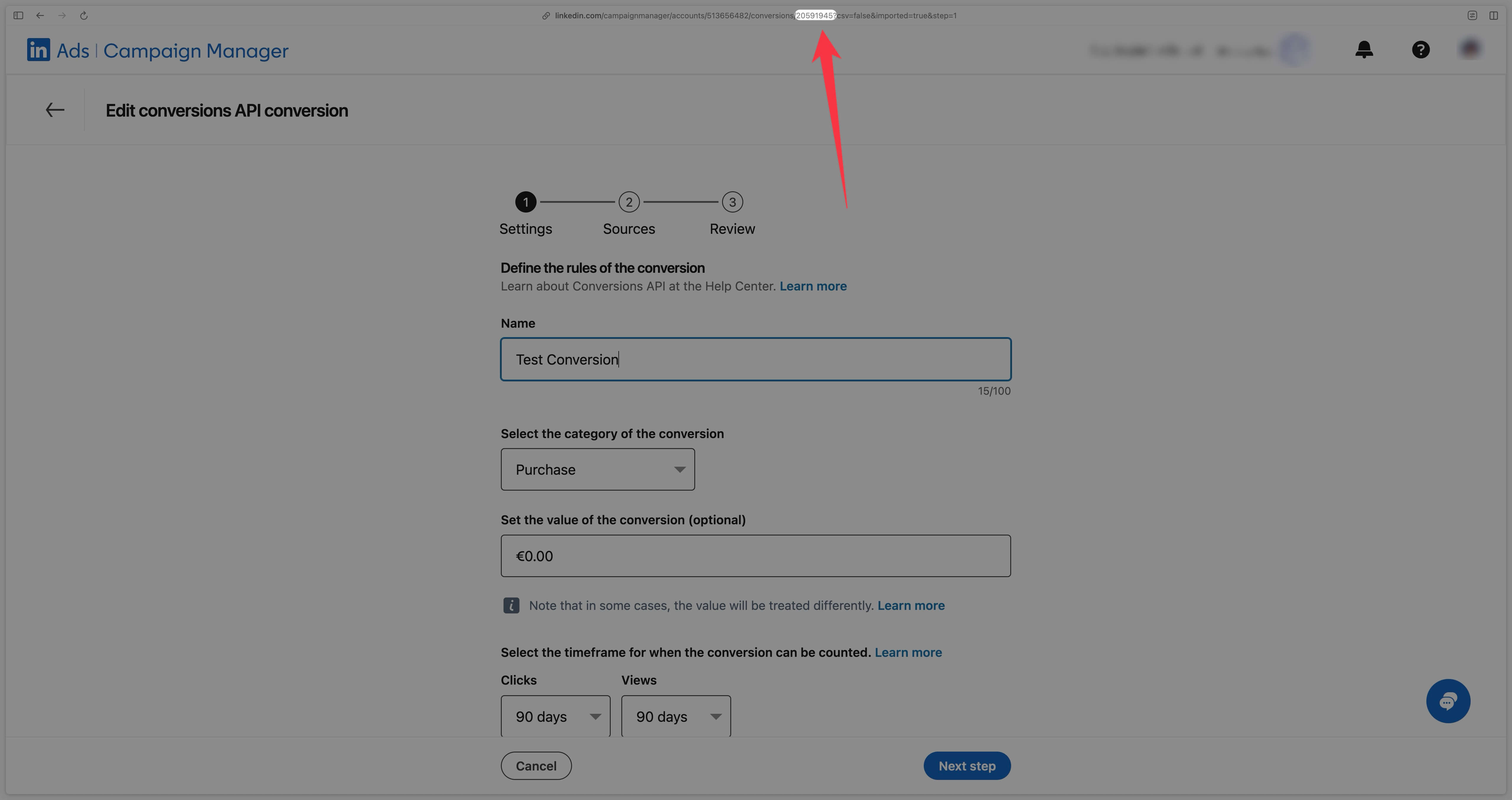 Locate the Conversion Rule ID in LinkedIn's Campaign Manager