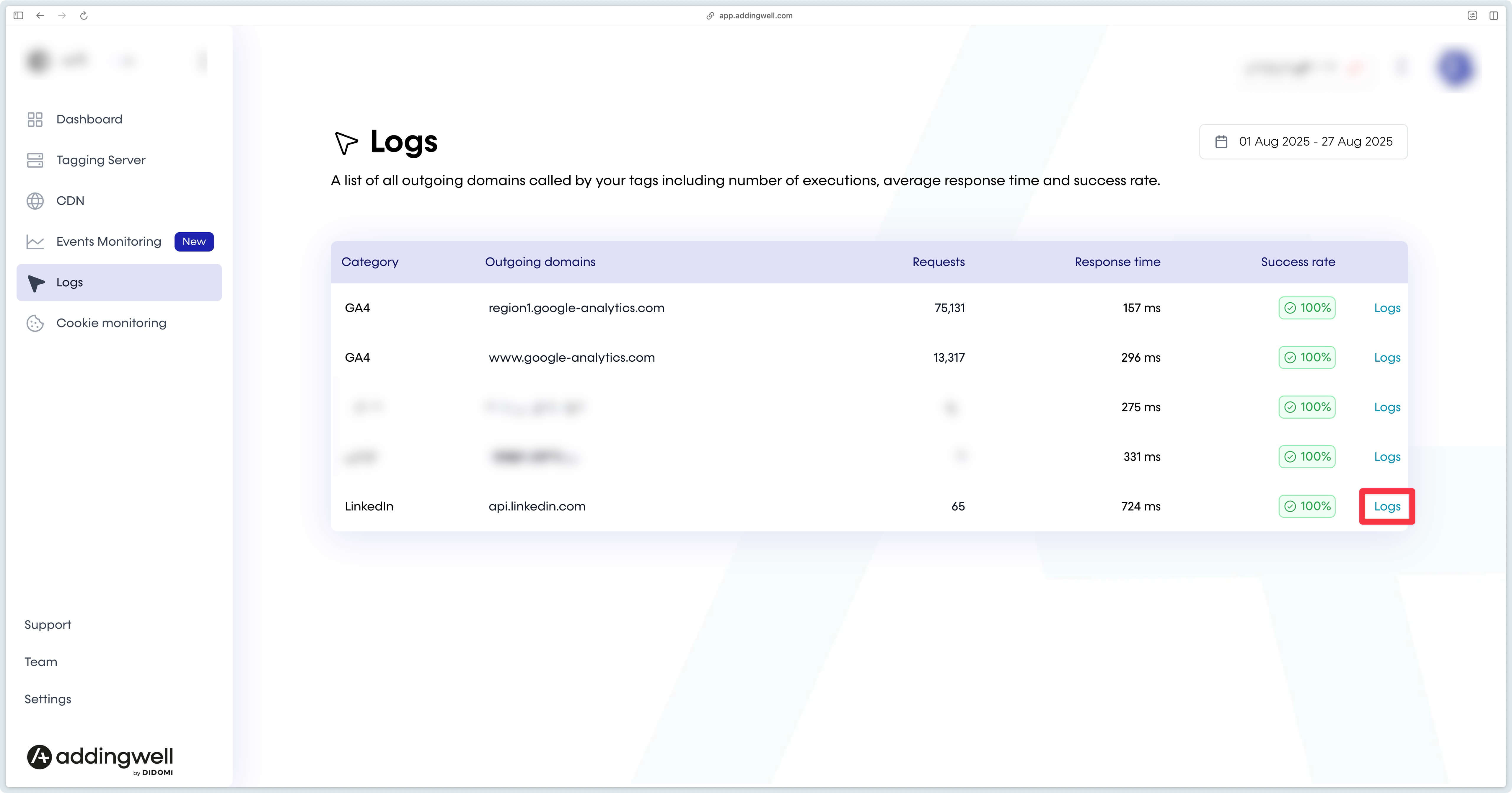 Detail of logs on LinkedIn requests API Conversions via Adddingwell Container