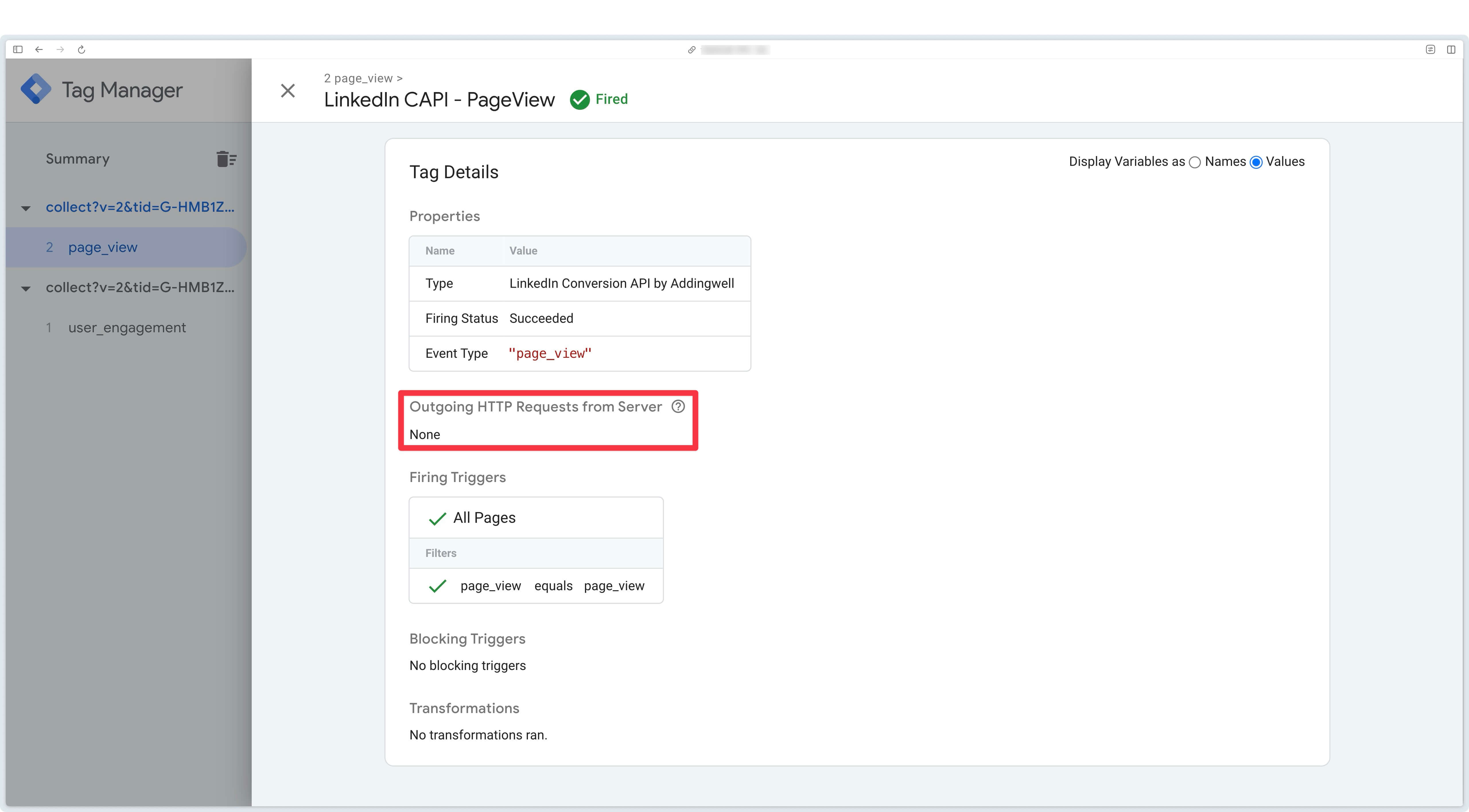 Detailed view of LinkedIn CAPI tag triggering on a page_viewI event