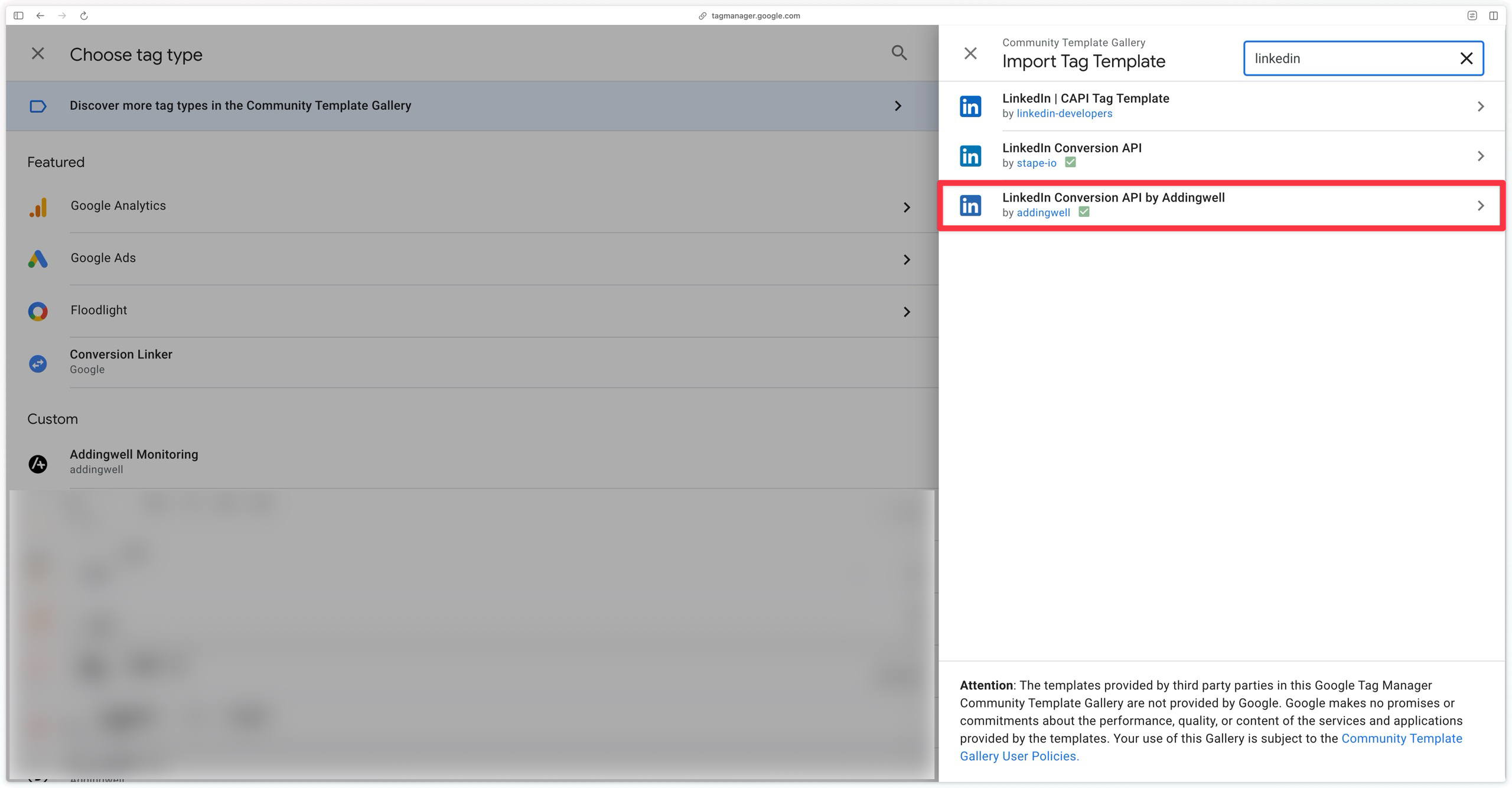 Search for the LinkedIn CAPI tag in the GTM Server-Side gallery