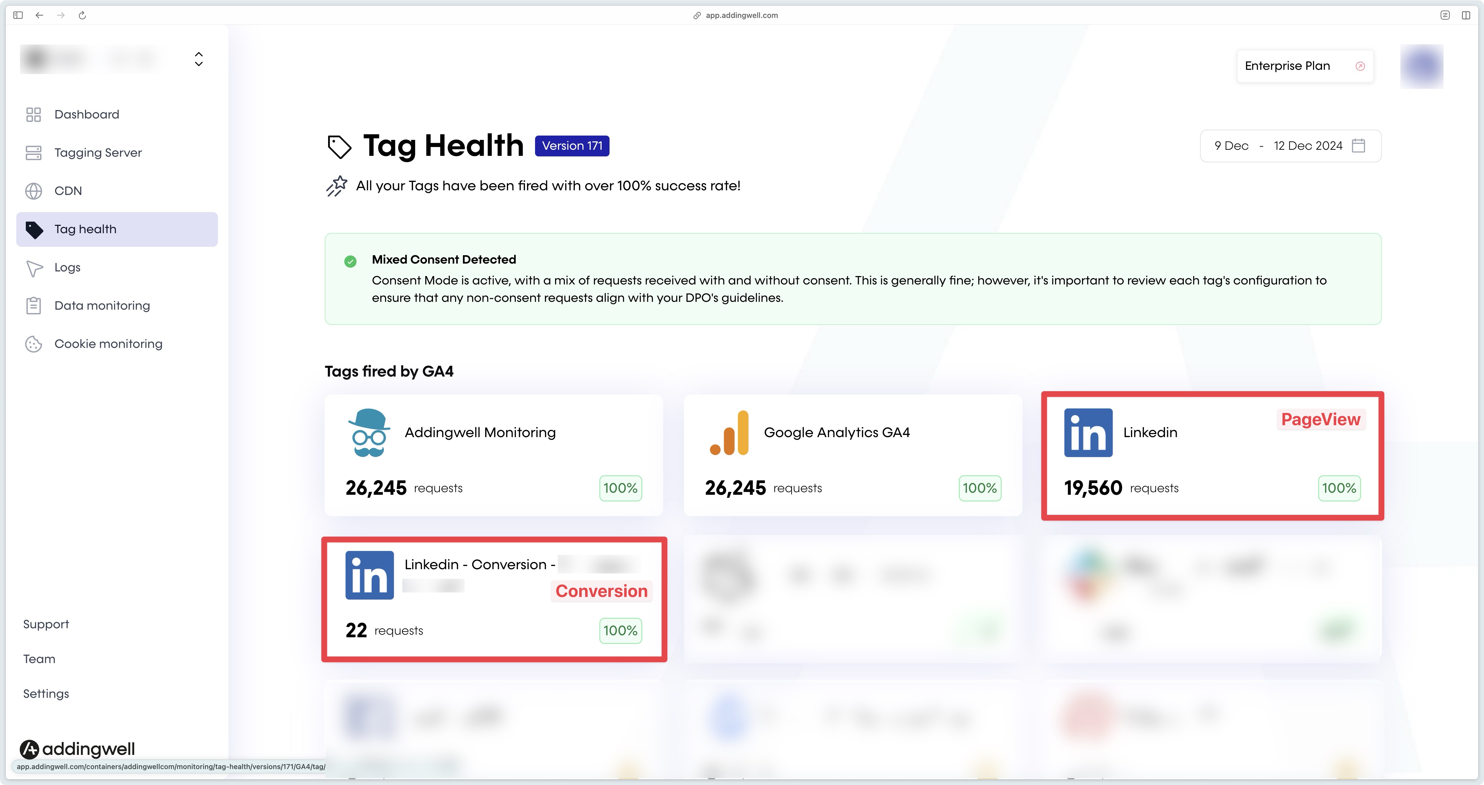 Check LinkedIn Conversion API queries on Adddingwell Container