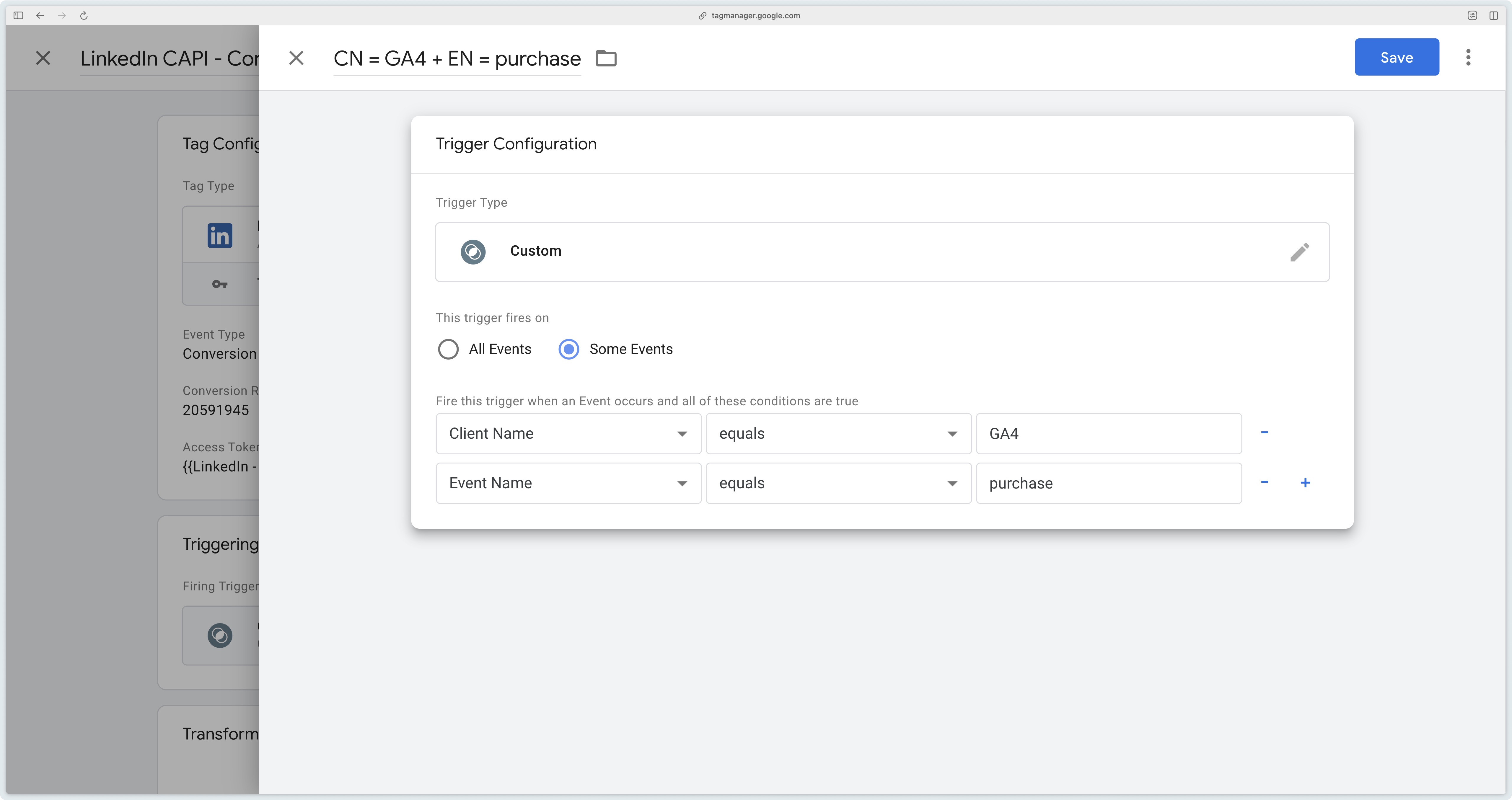Setting the LinkedIn CAPI tag trigger with Event Type to Conversion