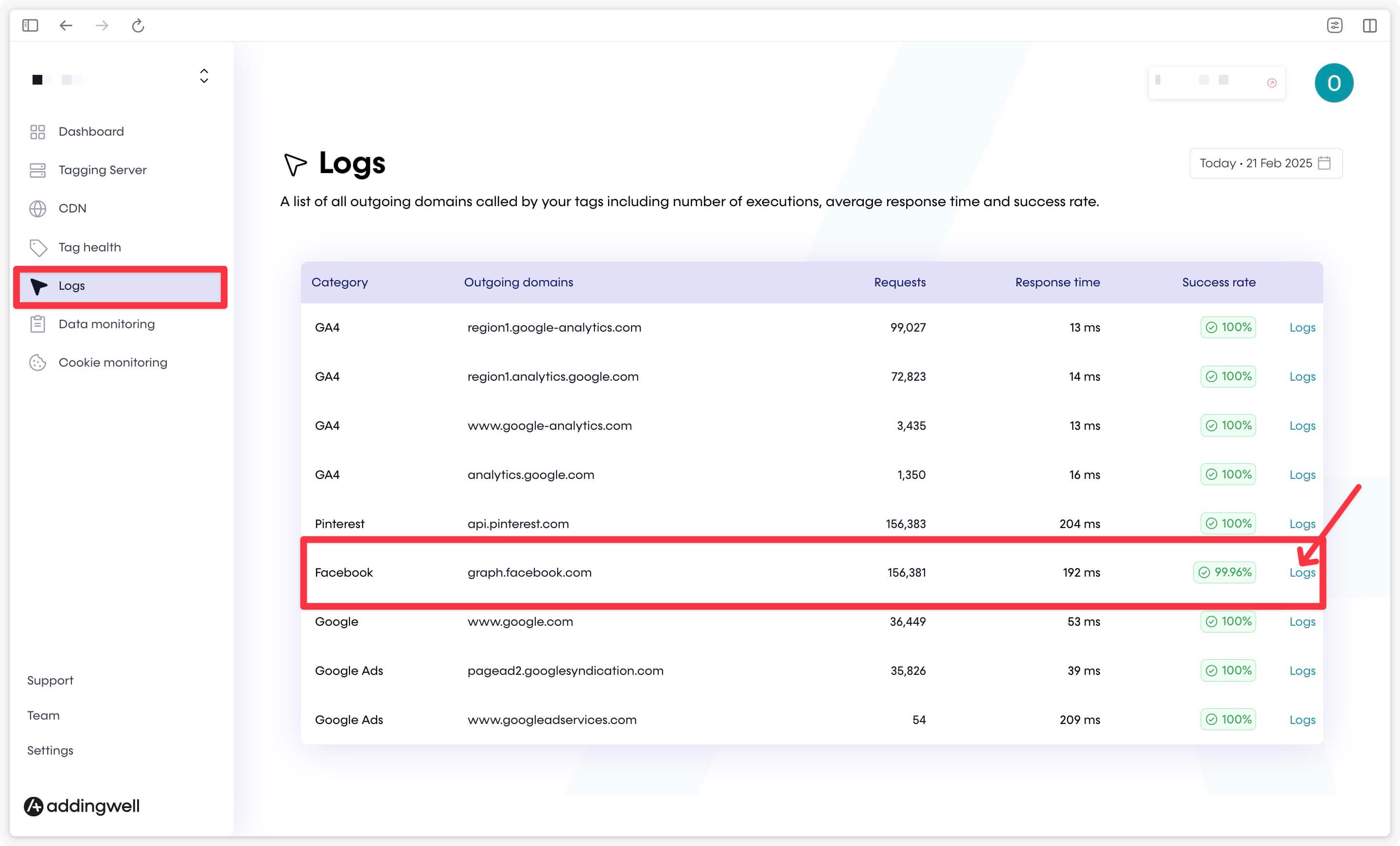 Addingwell logs help you check errors in your Server-Side tags for quick fixes