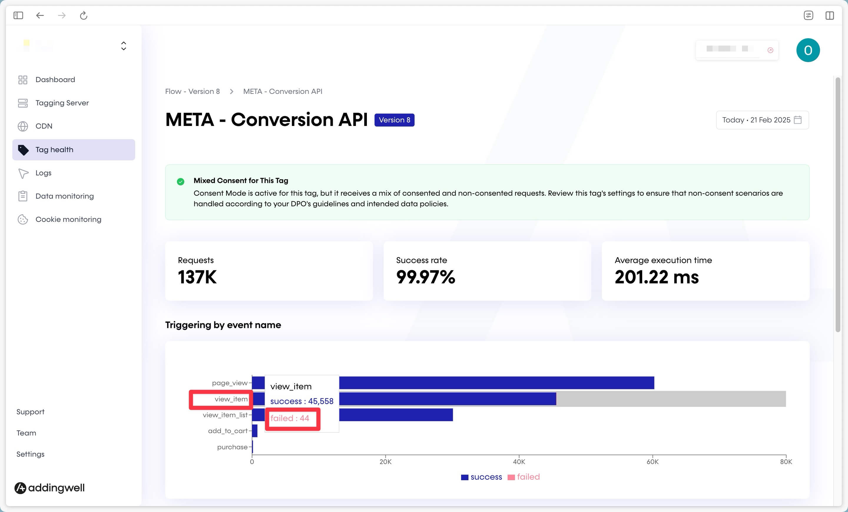 Check events sent for a specific media tag installed on your GTM SERVER and the success rate for each event