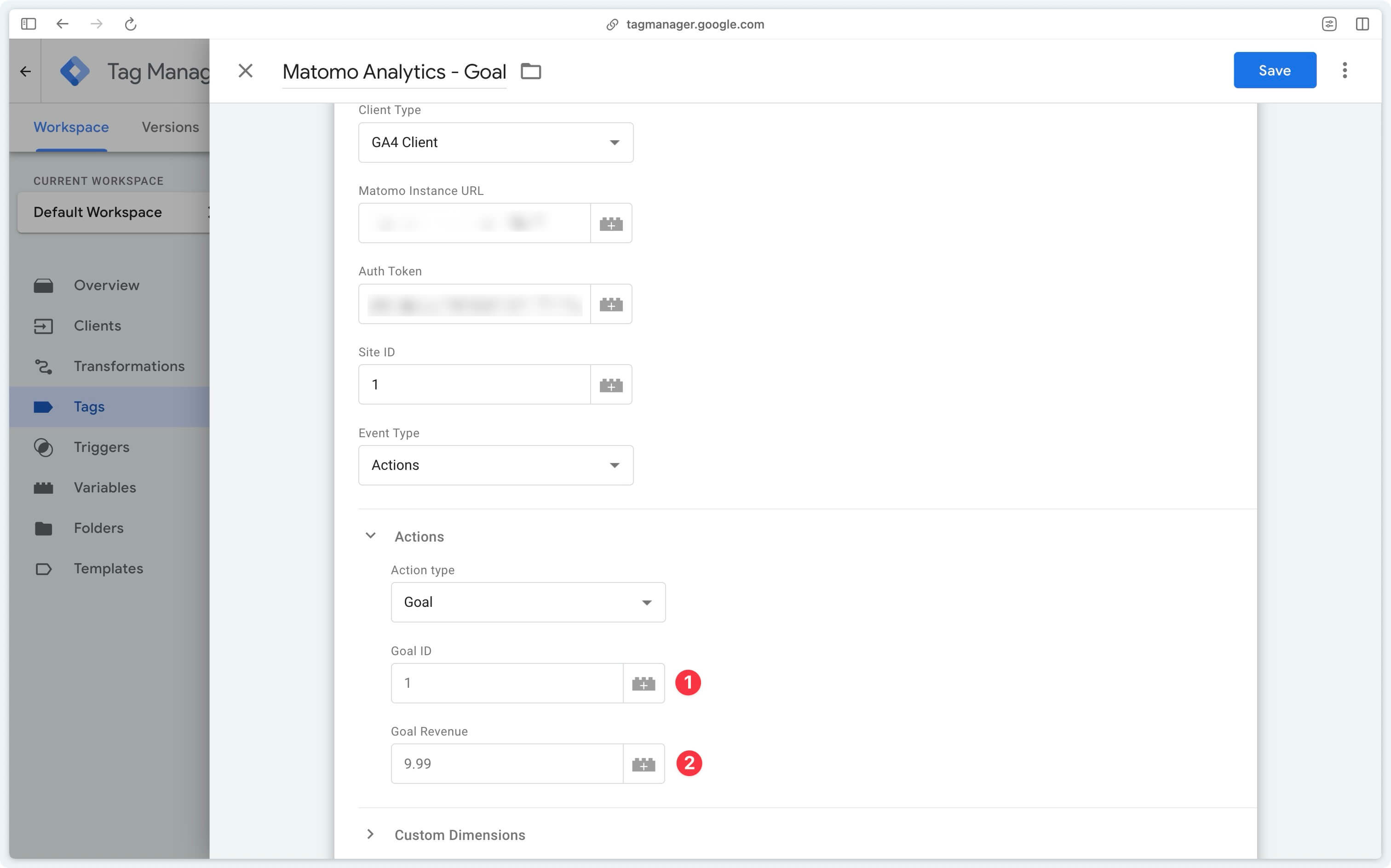 Goals parameters in the Matomo server-side tag