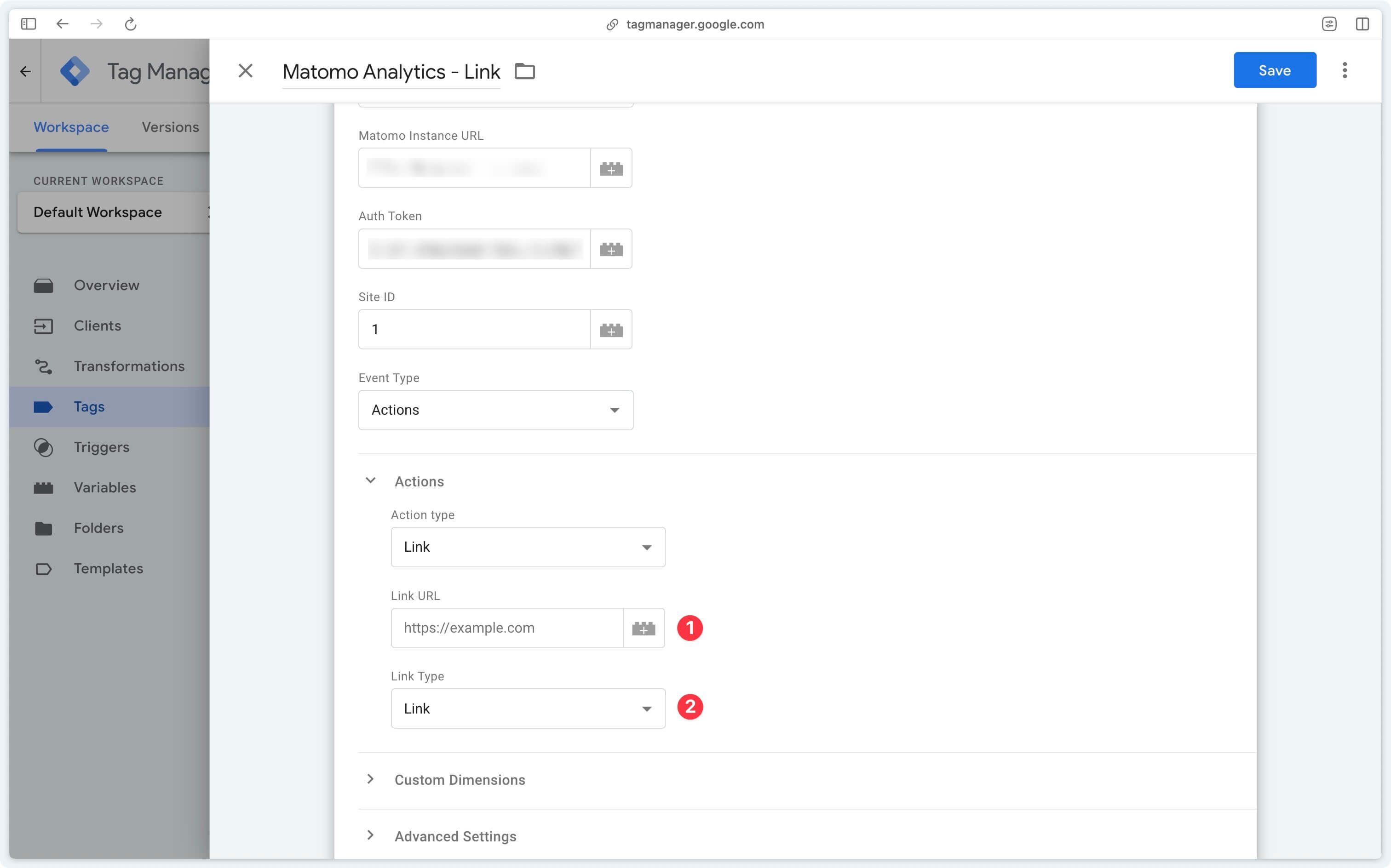 Outlinks parameters in the Matomo server-side tag