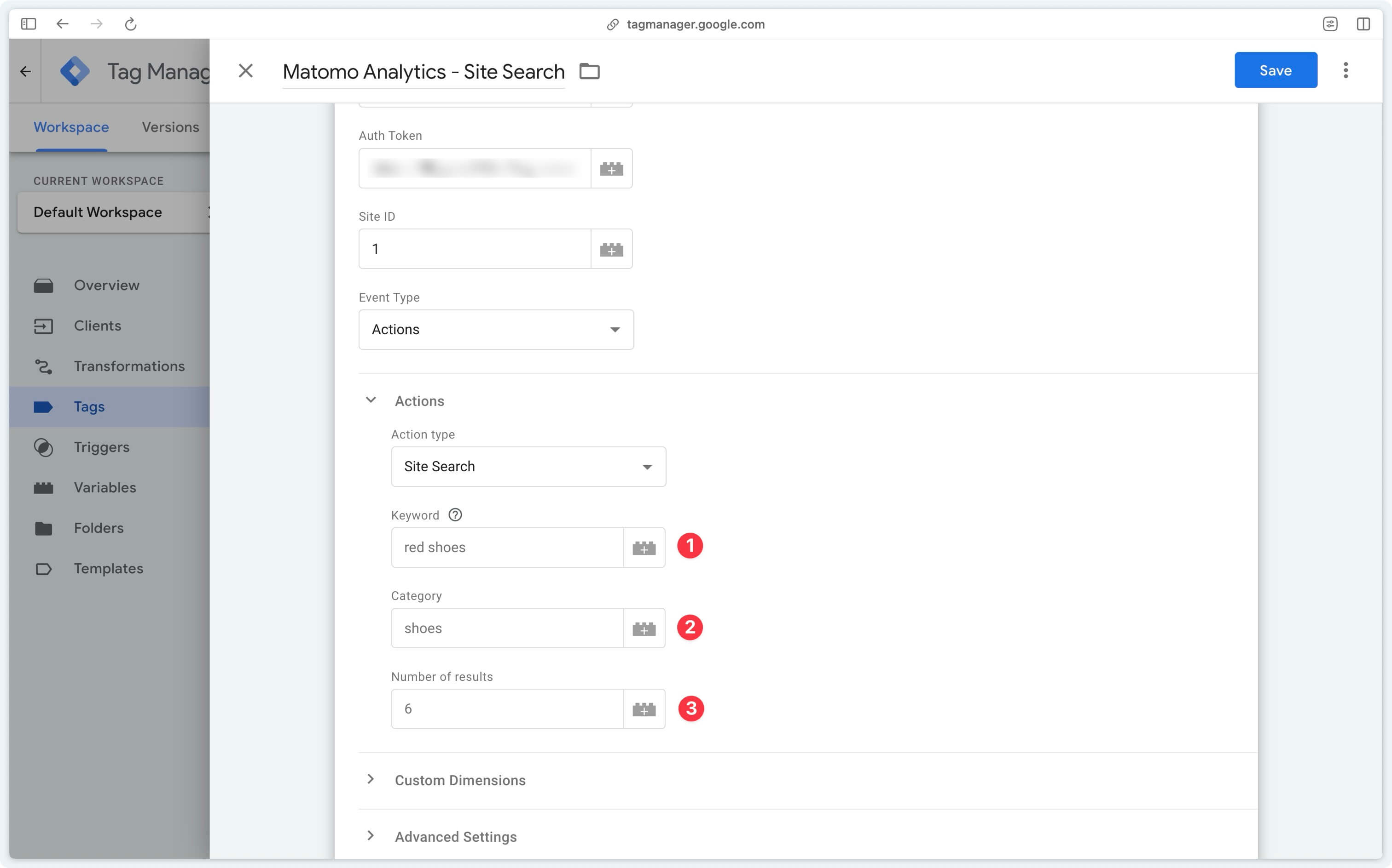 Site search parameters in the Matomo server-side tag