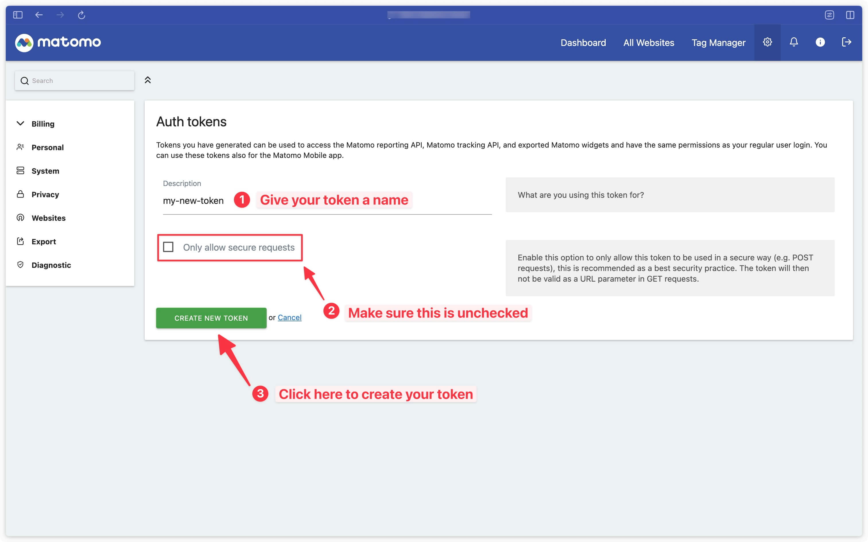 Bouton pour créer un token d'accès dans Matomo