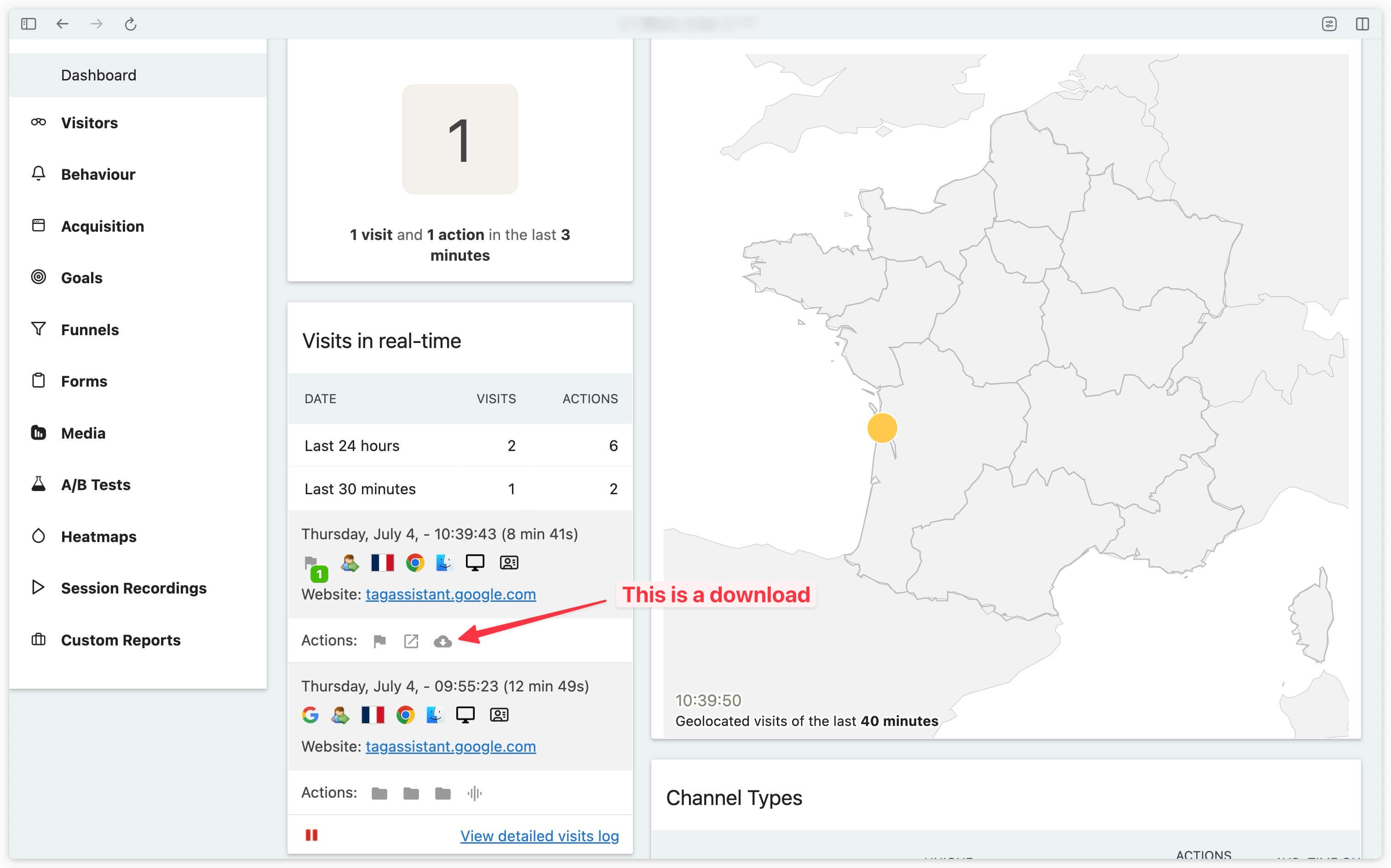 Réception des téléchargements dans Matomo