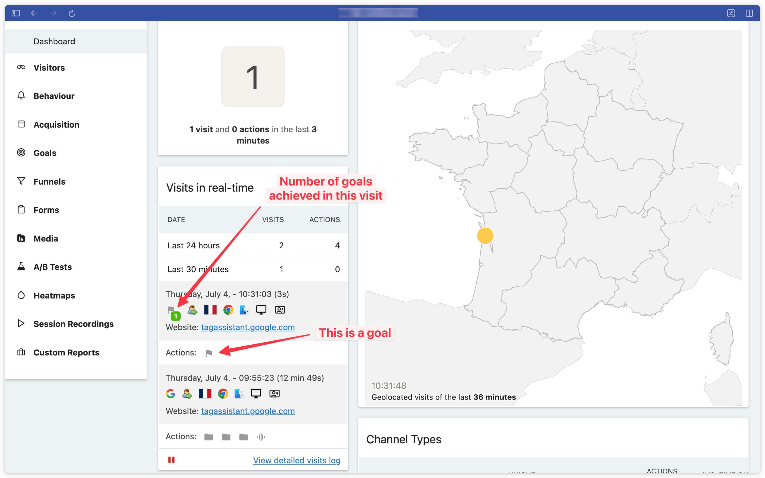 Réception des objectifs dans Matomo