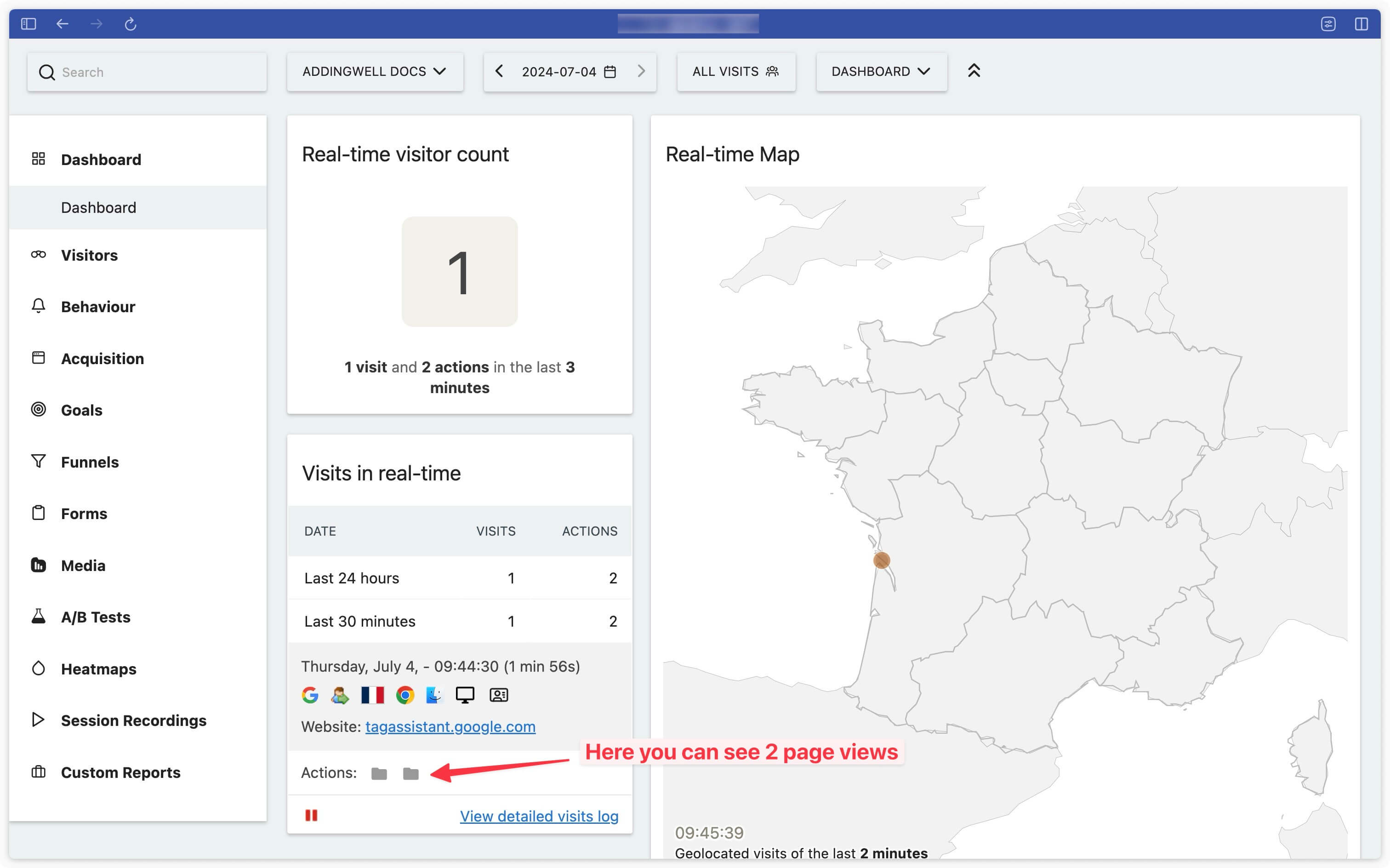 Réception des pages vues dans Matomo