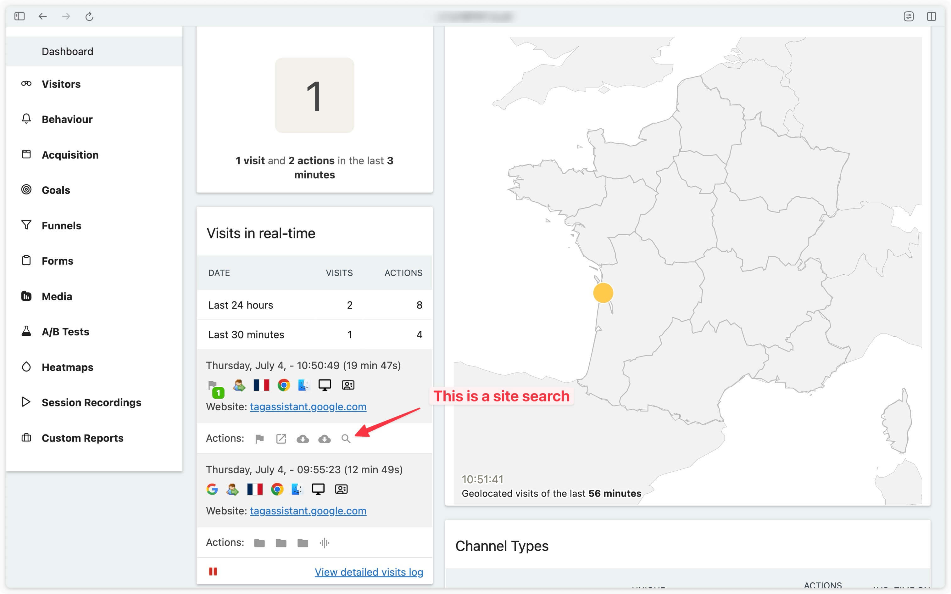 Réception des recherches sur le site dans Matomo