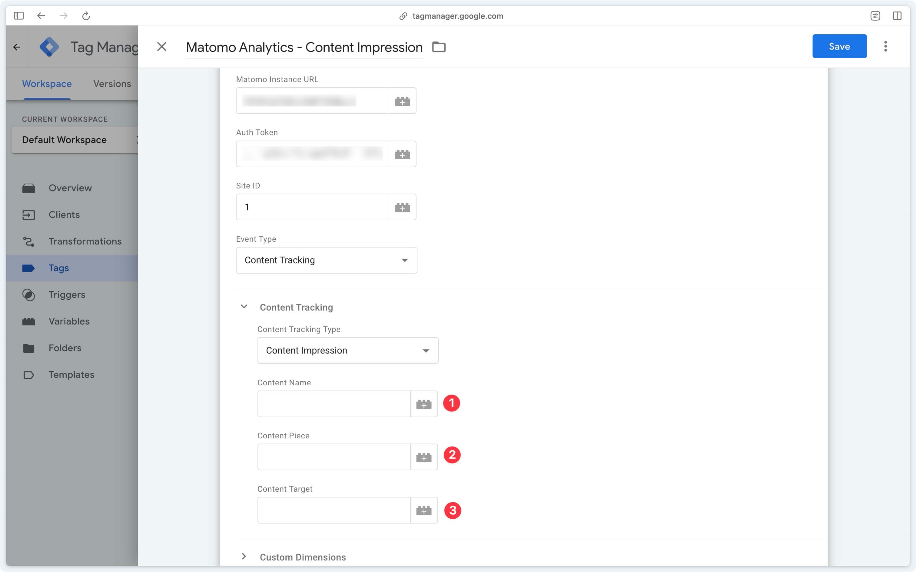 Content impressions parameters in the Matomo server-side tag