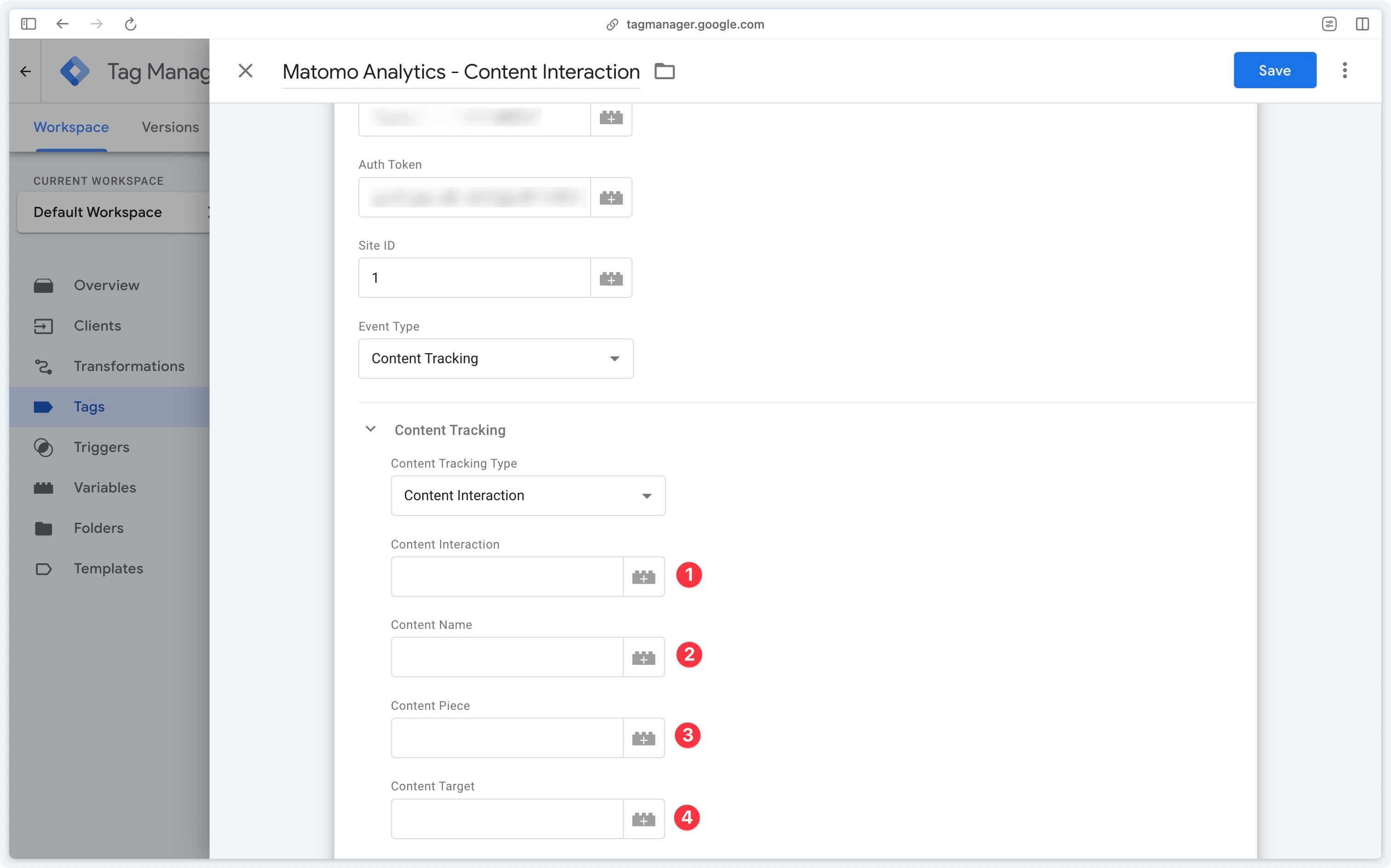 Content interactions parameters in the Matomo server-side tag