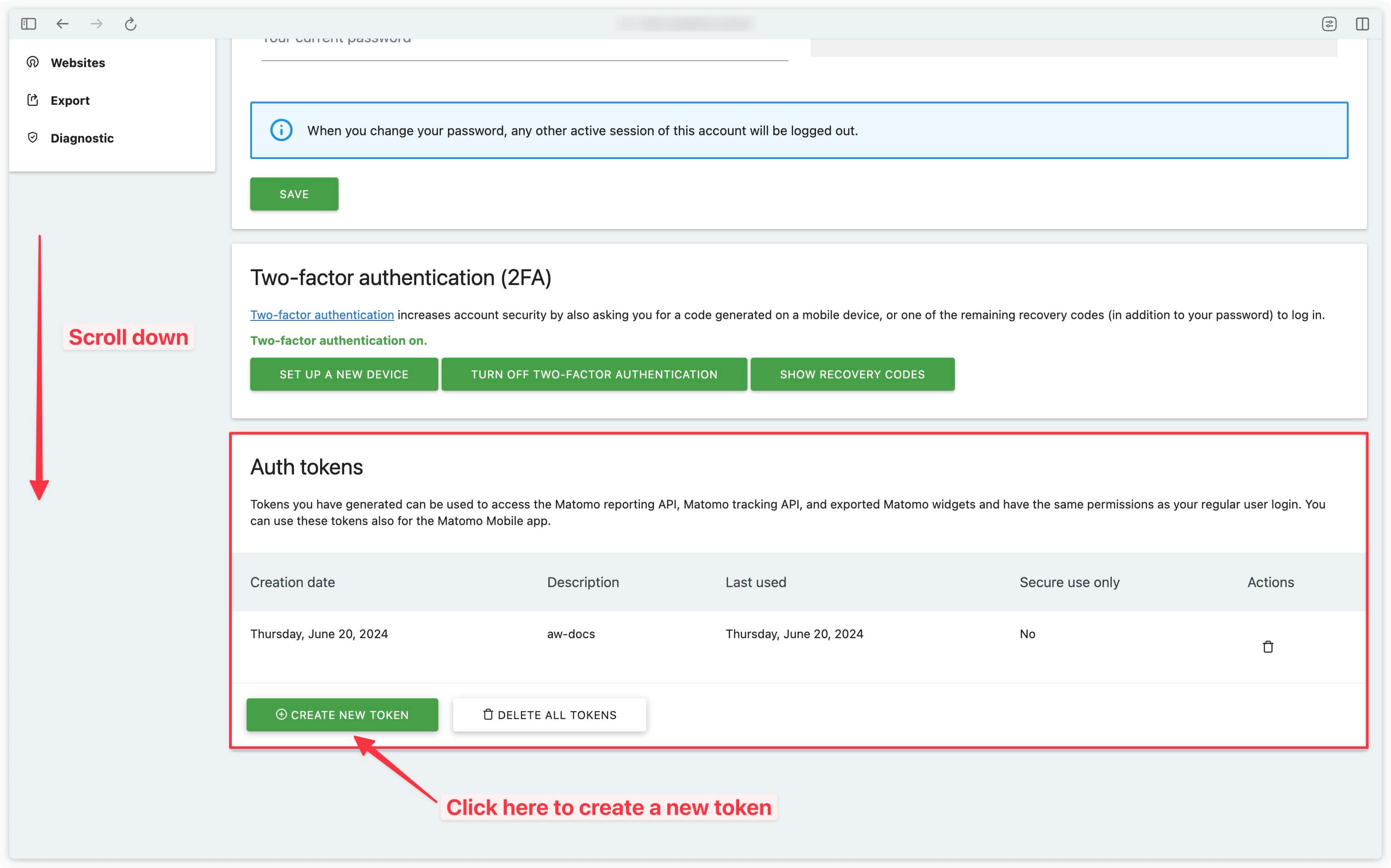 Button to create an access token in Matomo