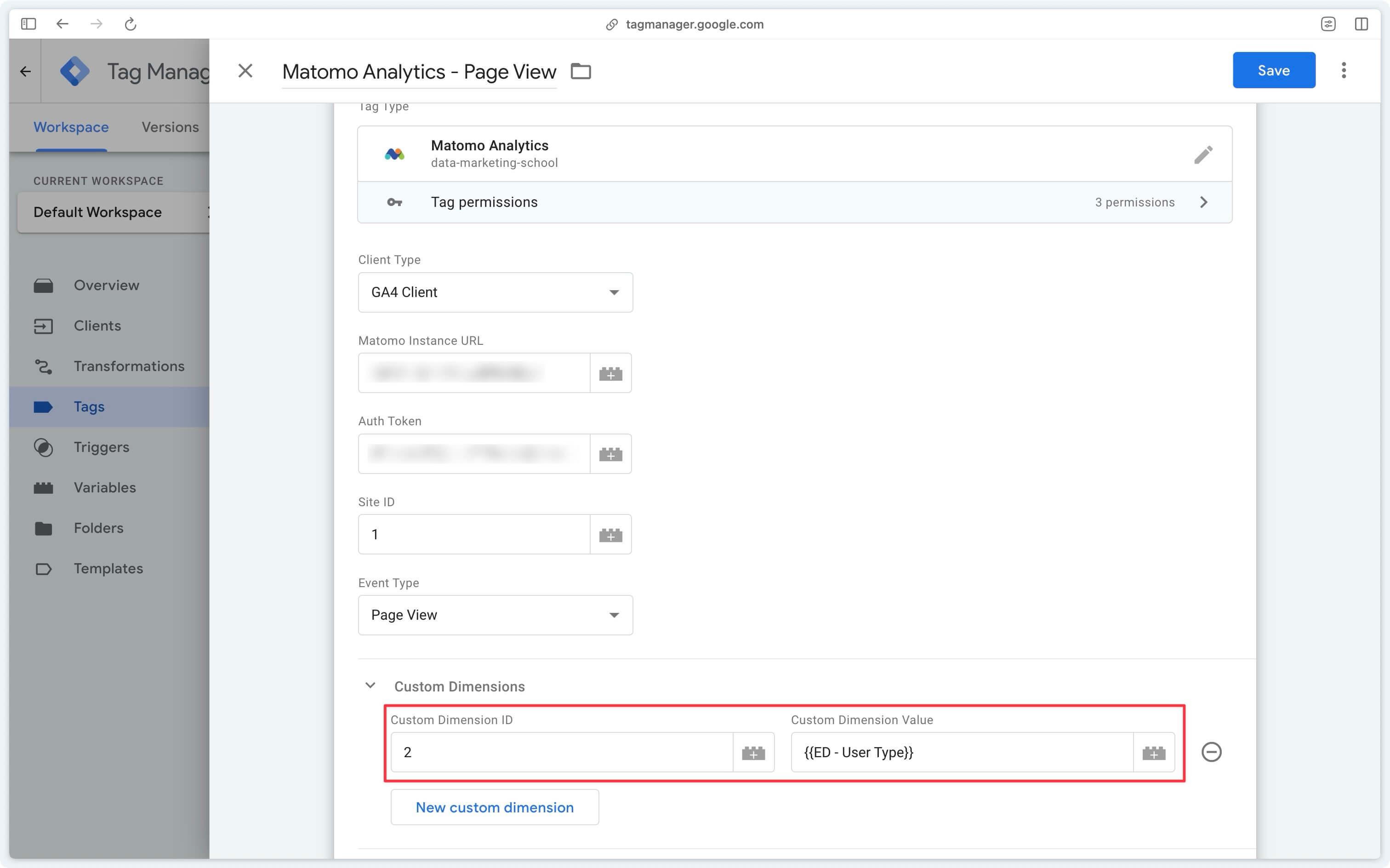 Dimension personnalisée user type