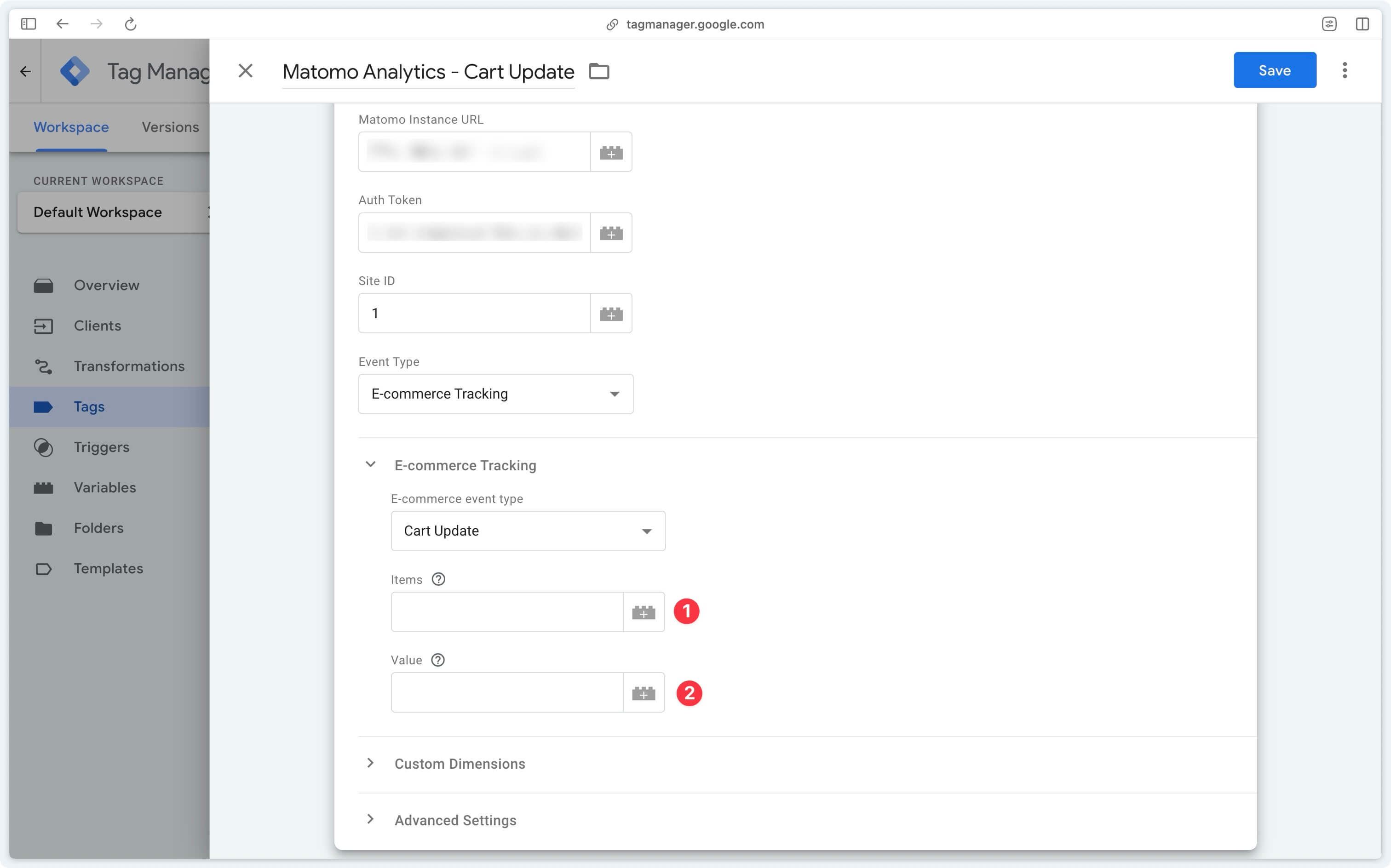 Cart update parameters in the Matomo server-side tag