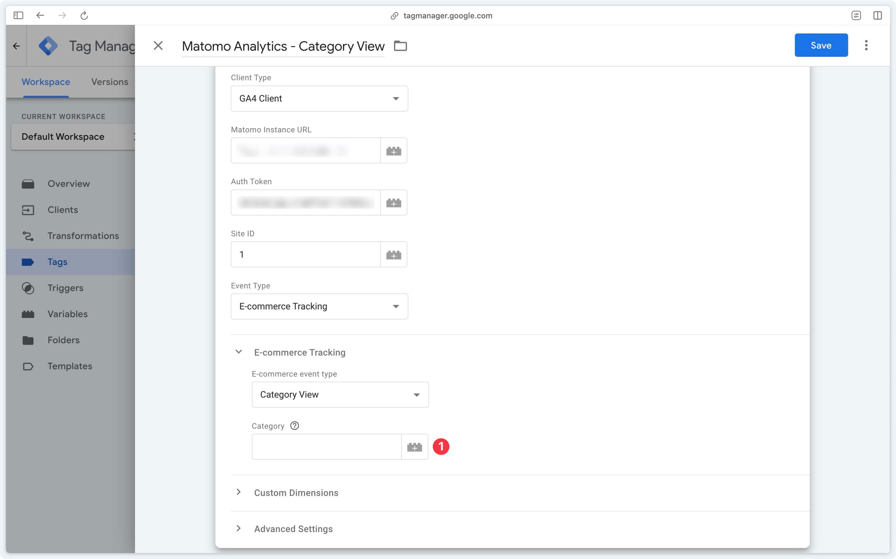 Category views parameters in the Matomo server-side tag