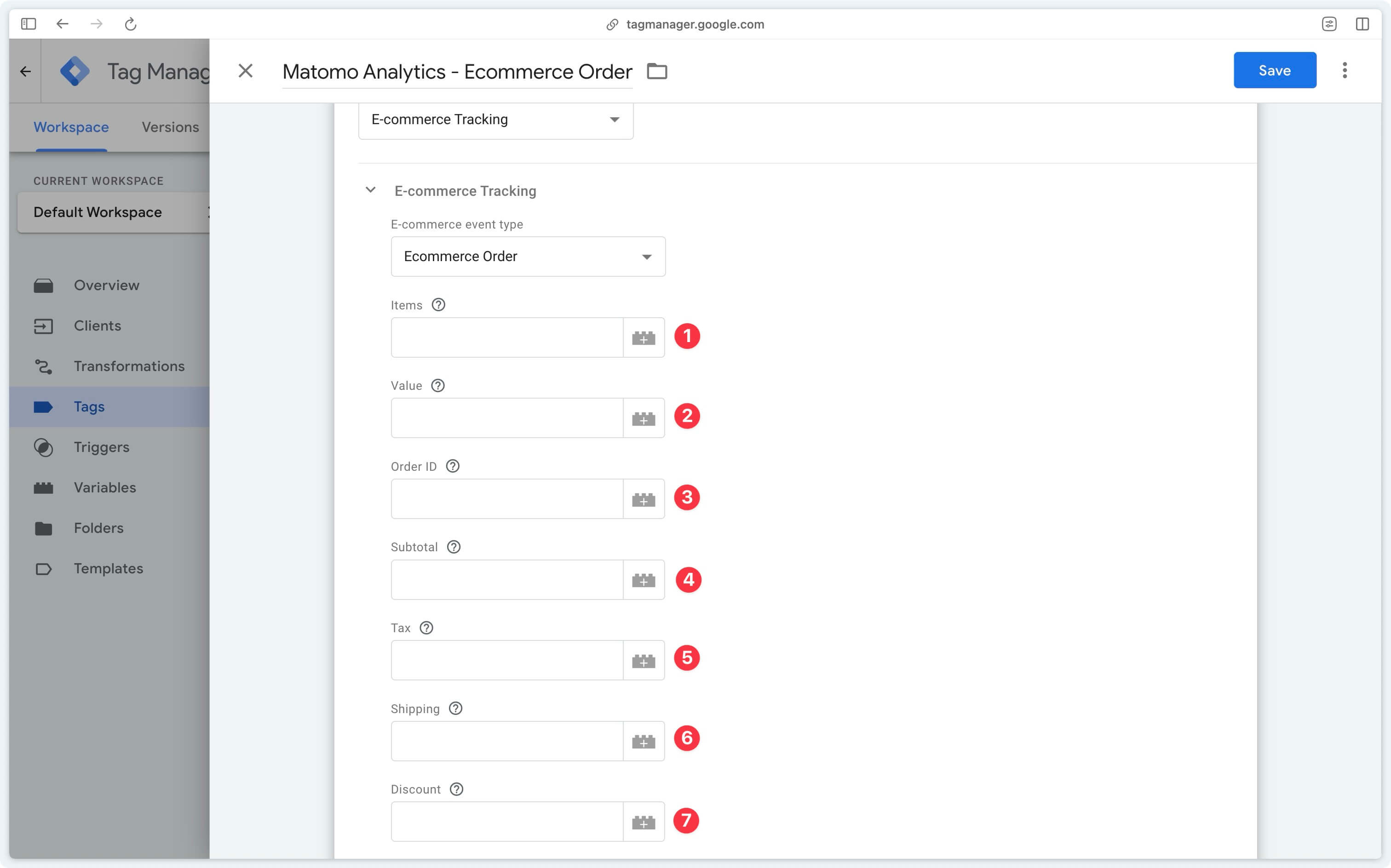 Paramètres des commandes dans la balise Matomo server-side