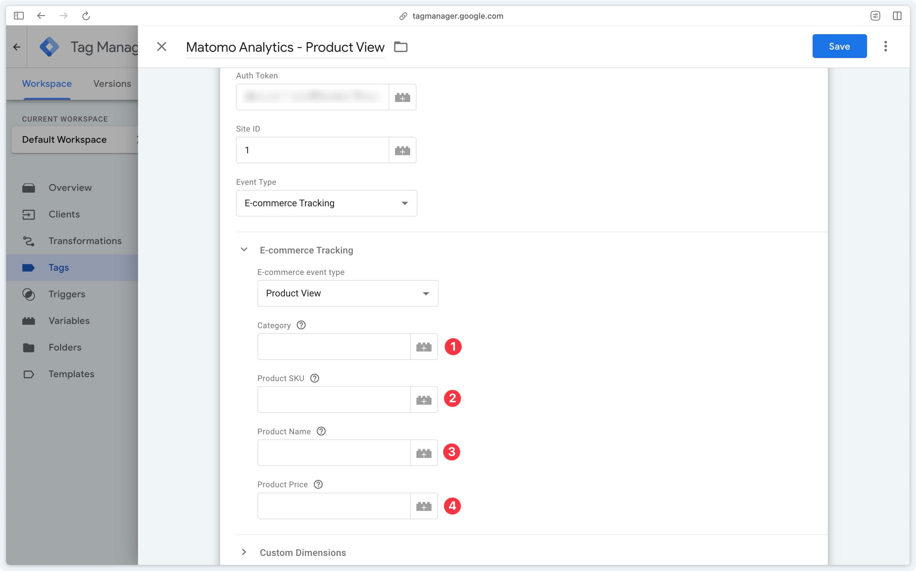 Product view parameters in the Matomo server-side tag