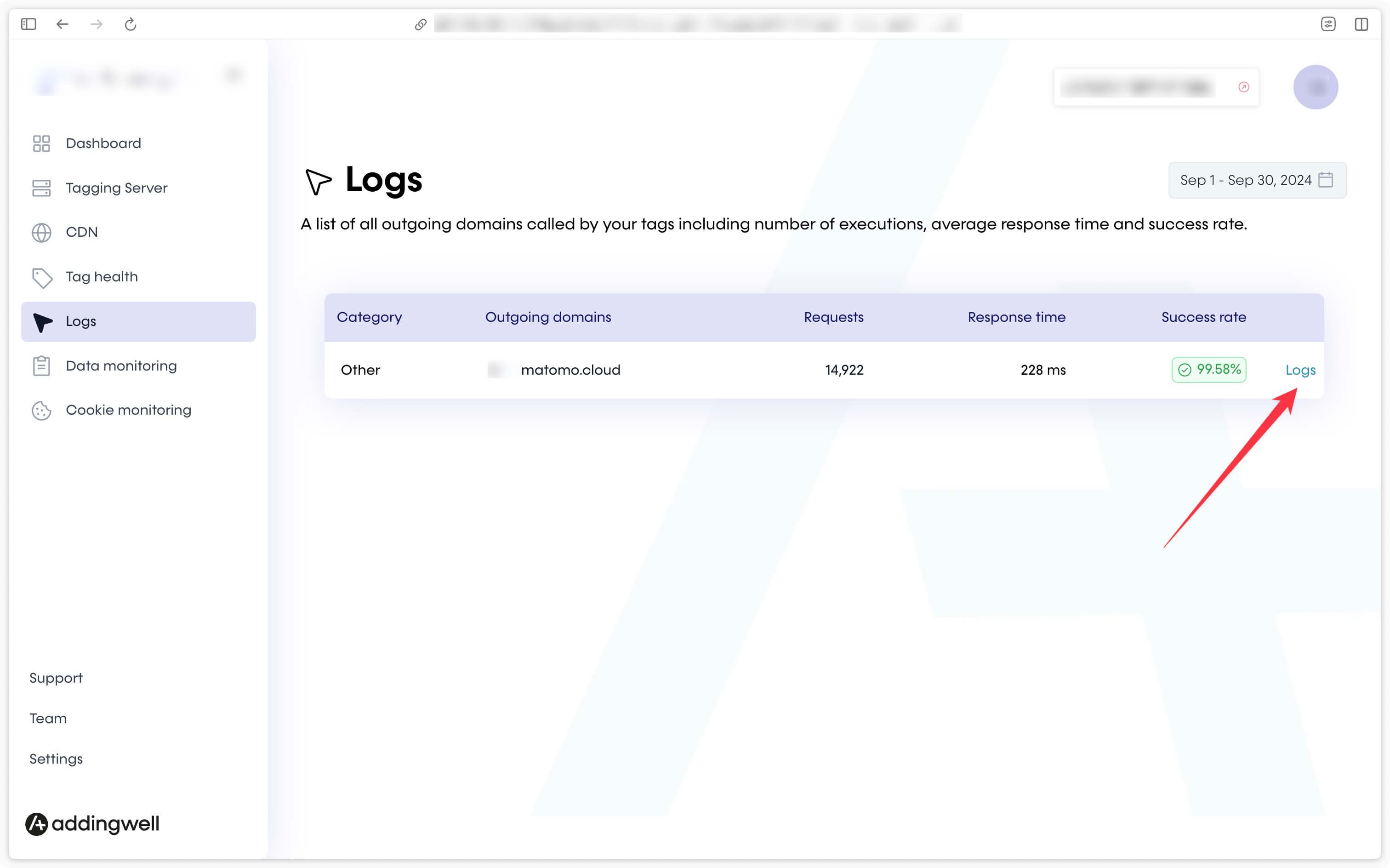 Access logs on Matomo Analytics requests via the Adddingwell workspace