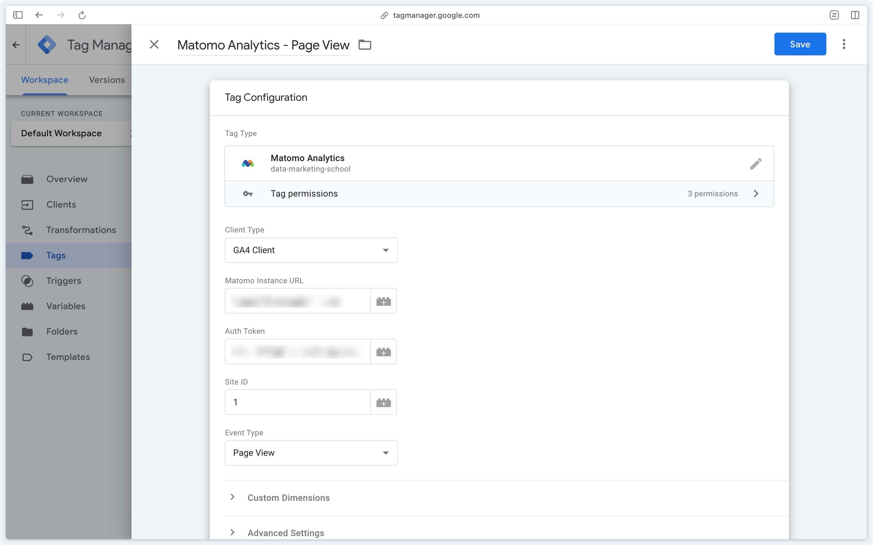 Setting up the Matomo Analytics tag for page views