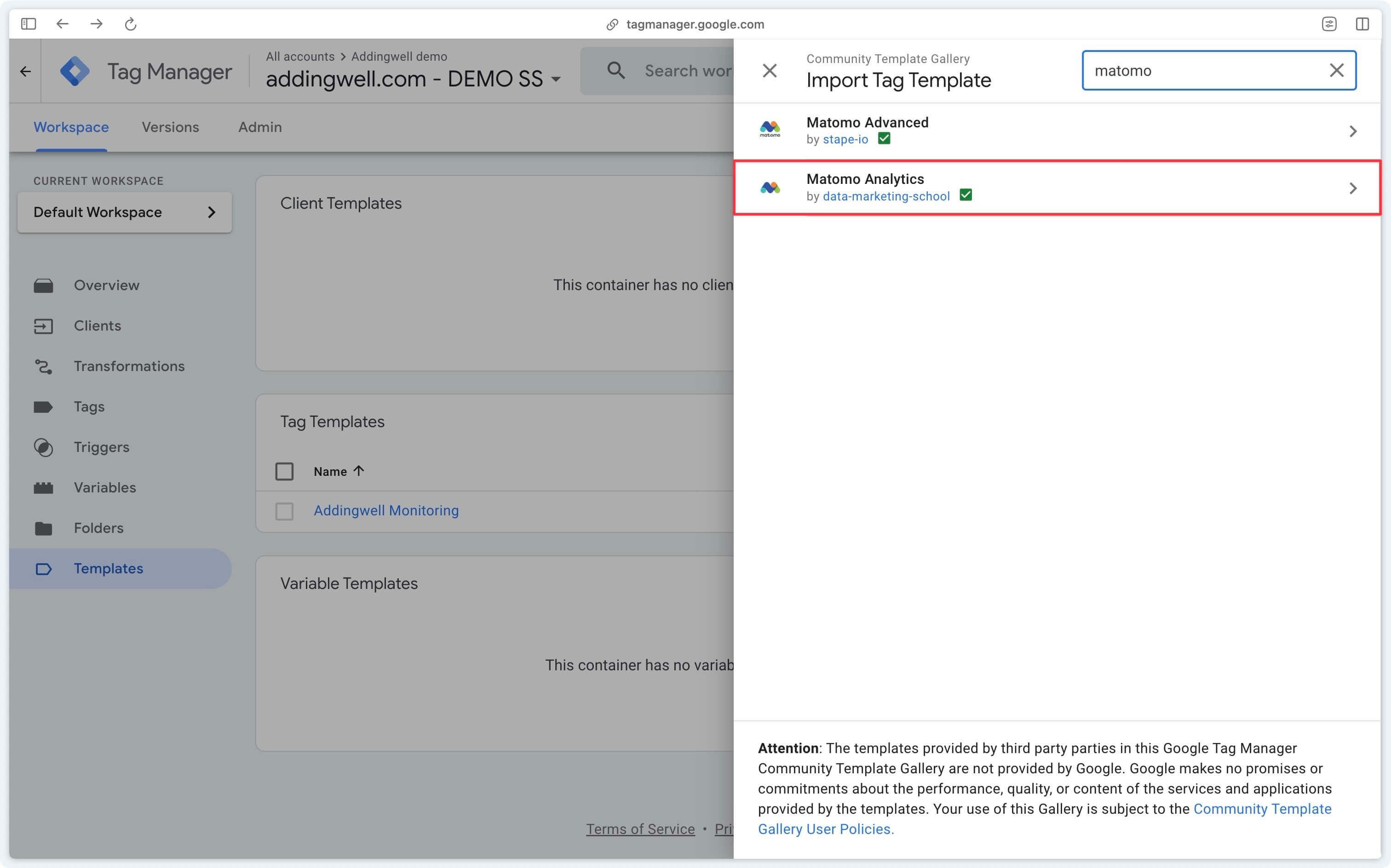 Creating a new tag template in Google Tag Manager Server-Side