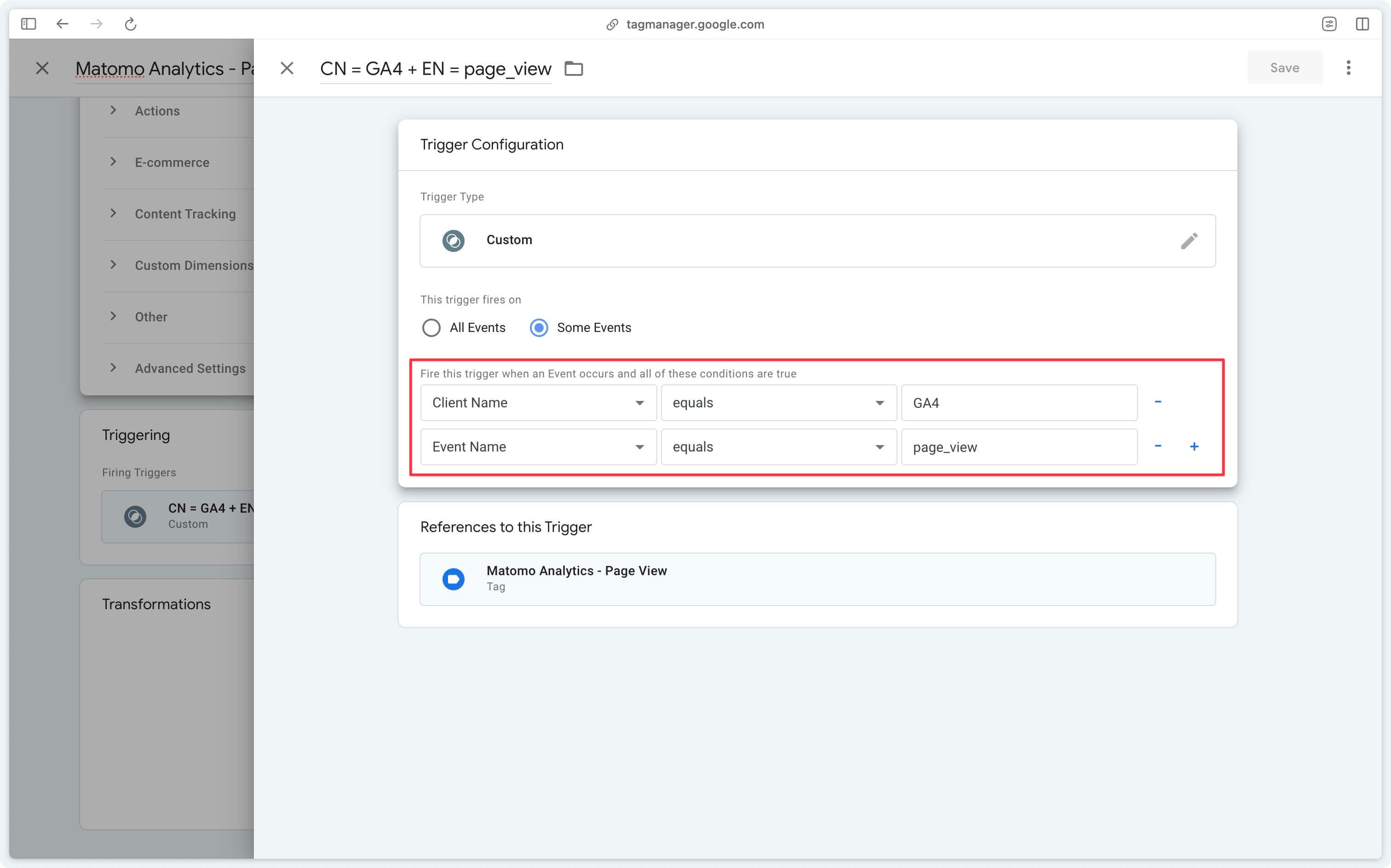 Trigger configuration for page views