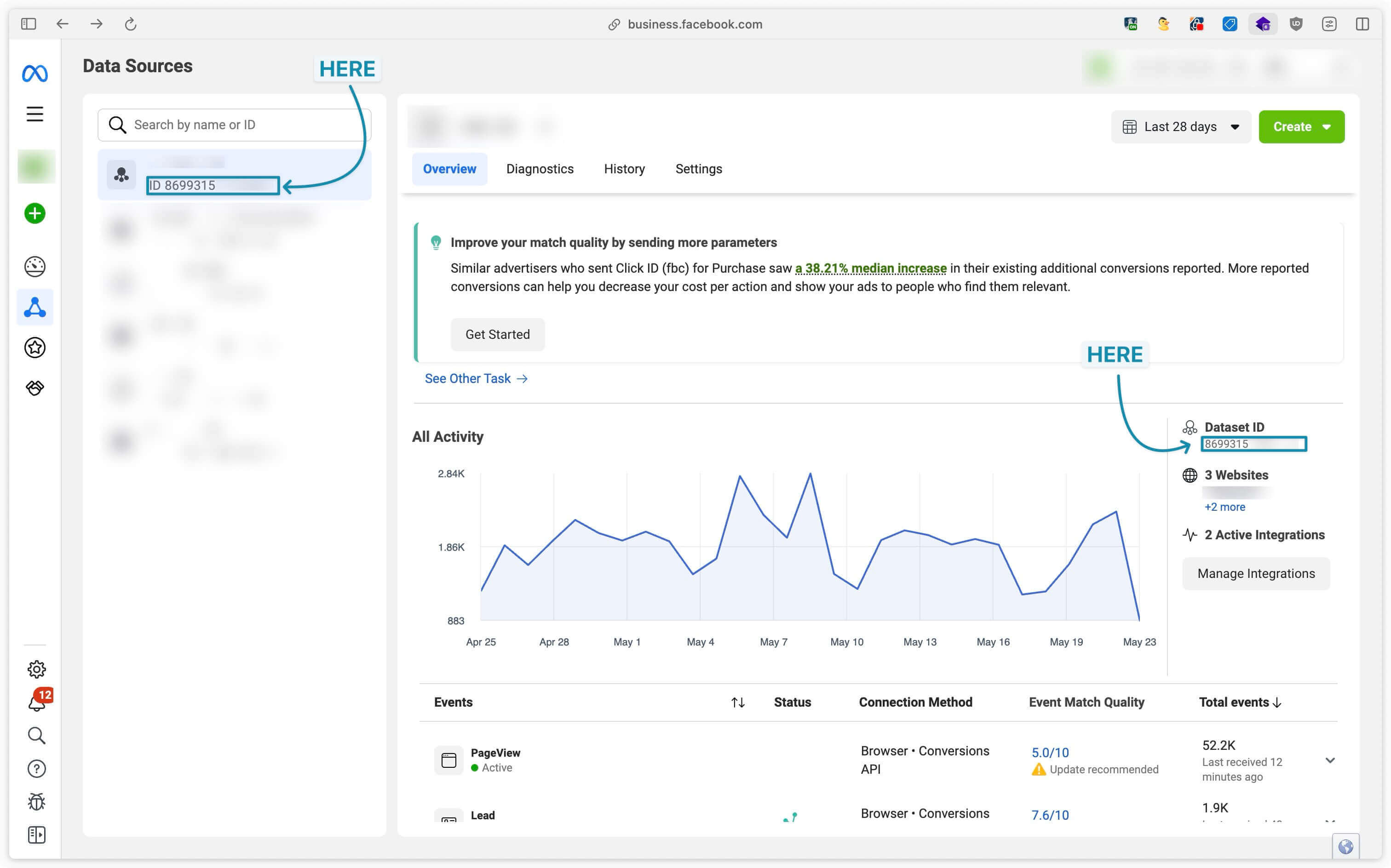 Recherche de l'identifiant du pixel Meta dans le gestionnaire d'événements sur Business Manager Meta