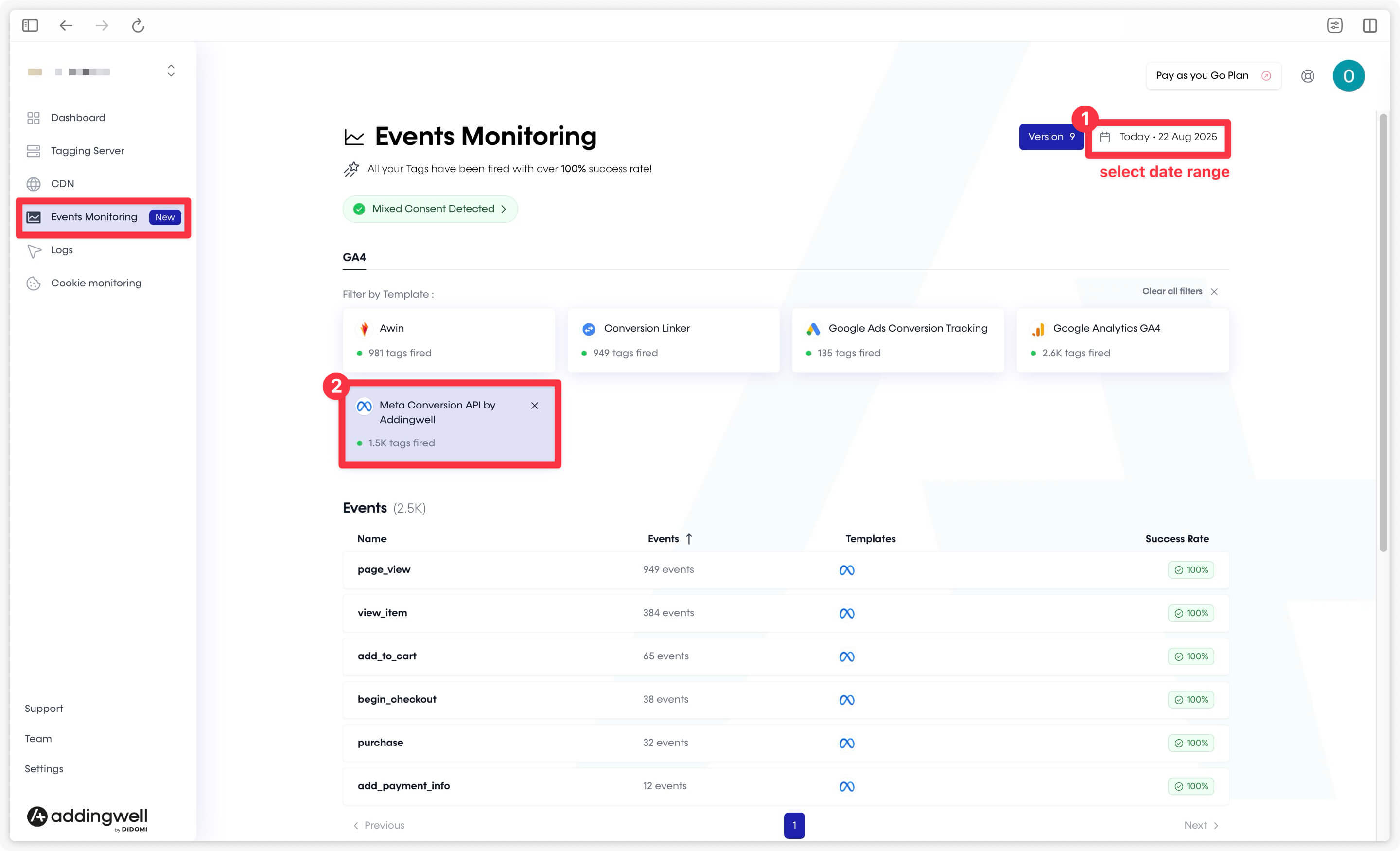 Check Meta Conversion API requests in the Addingwell container via Events Monitoring