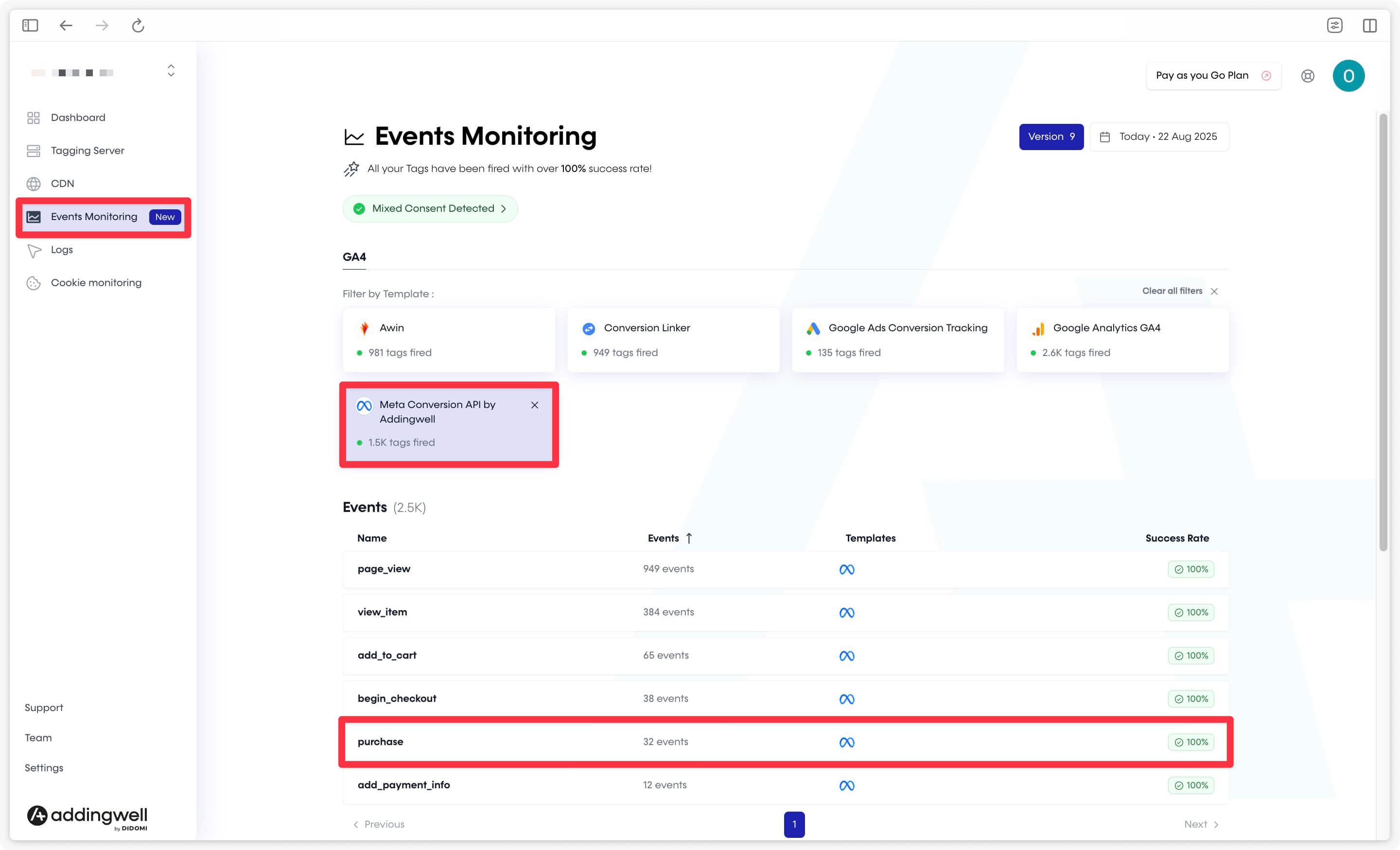 Check parameters attached to a server-side purchase event