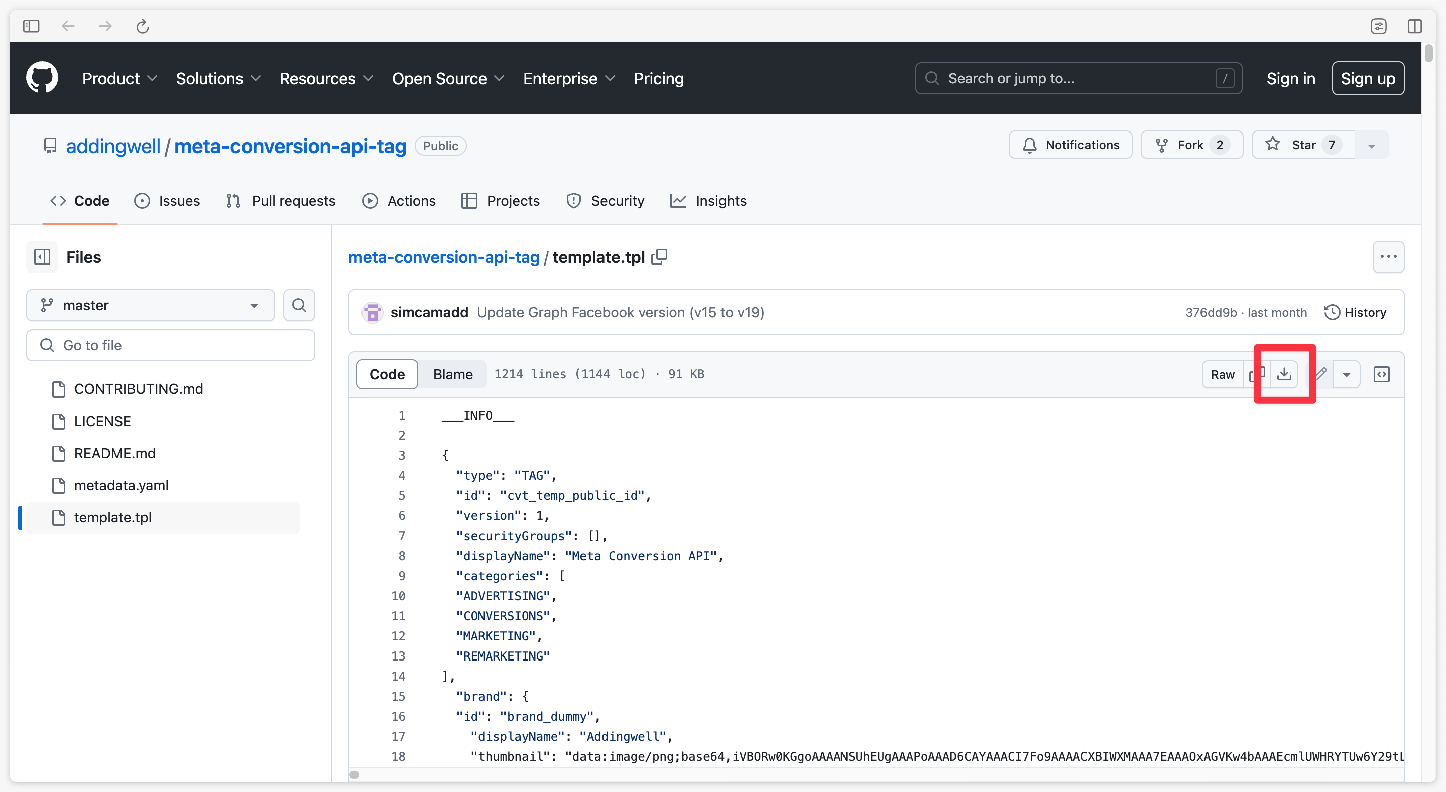 Téléchargement de la balise Meta CAPI Addingwell