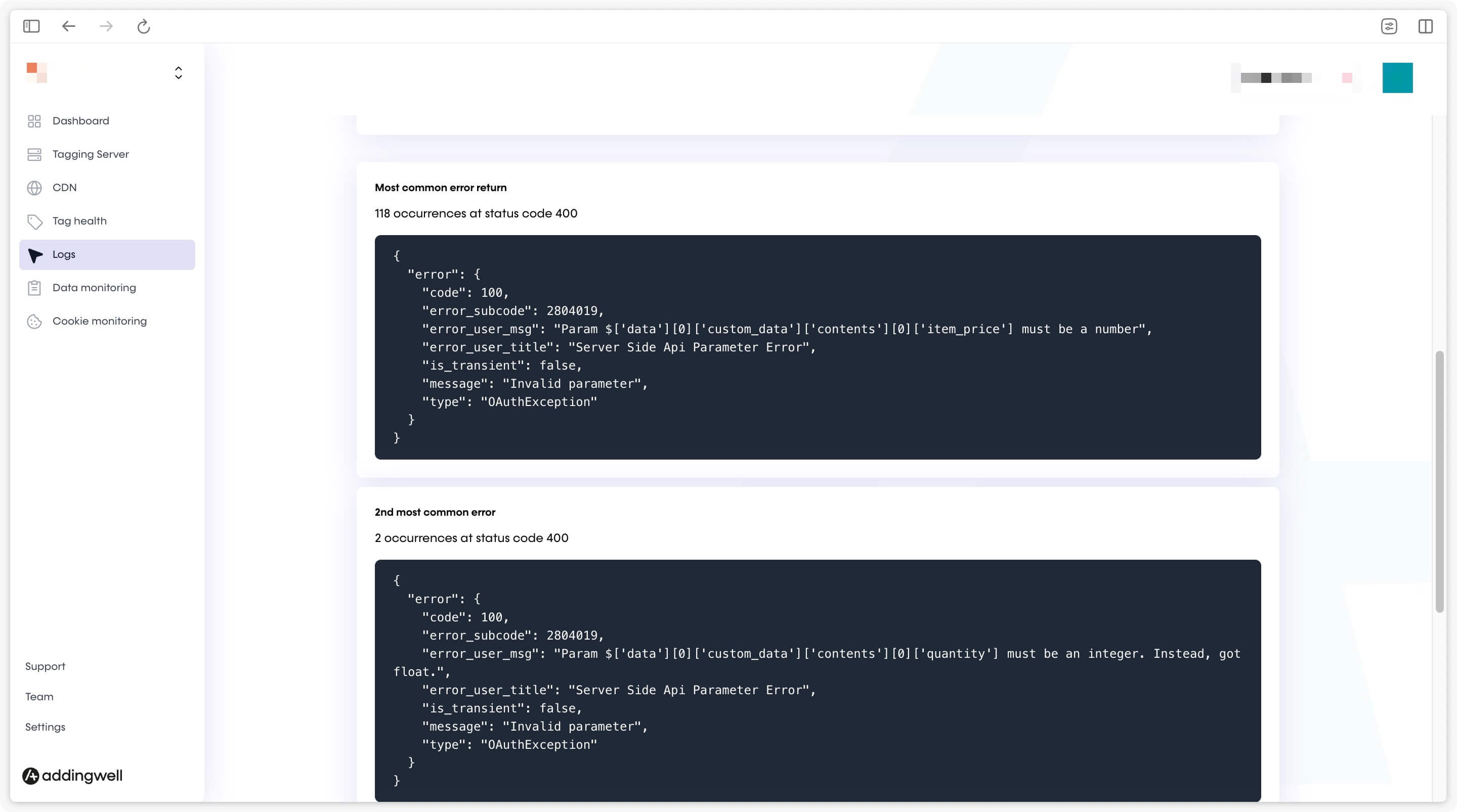 Checking logs on error requests for Meta Conversions API in Addingwell Container