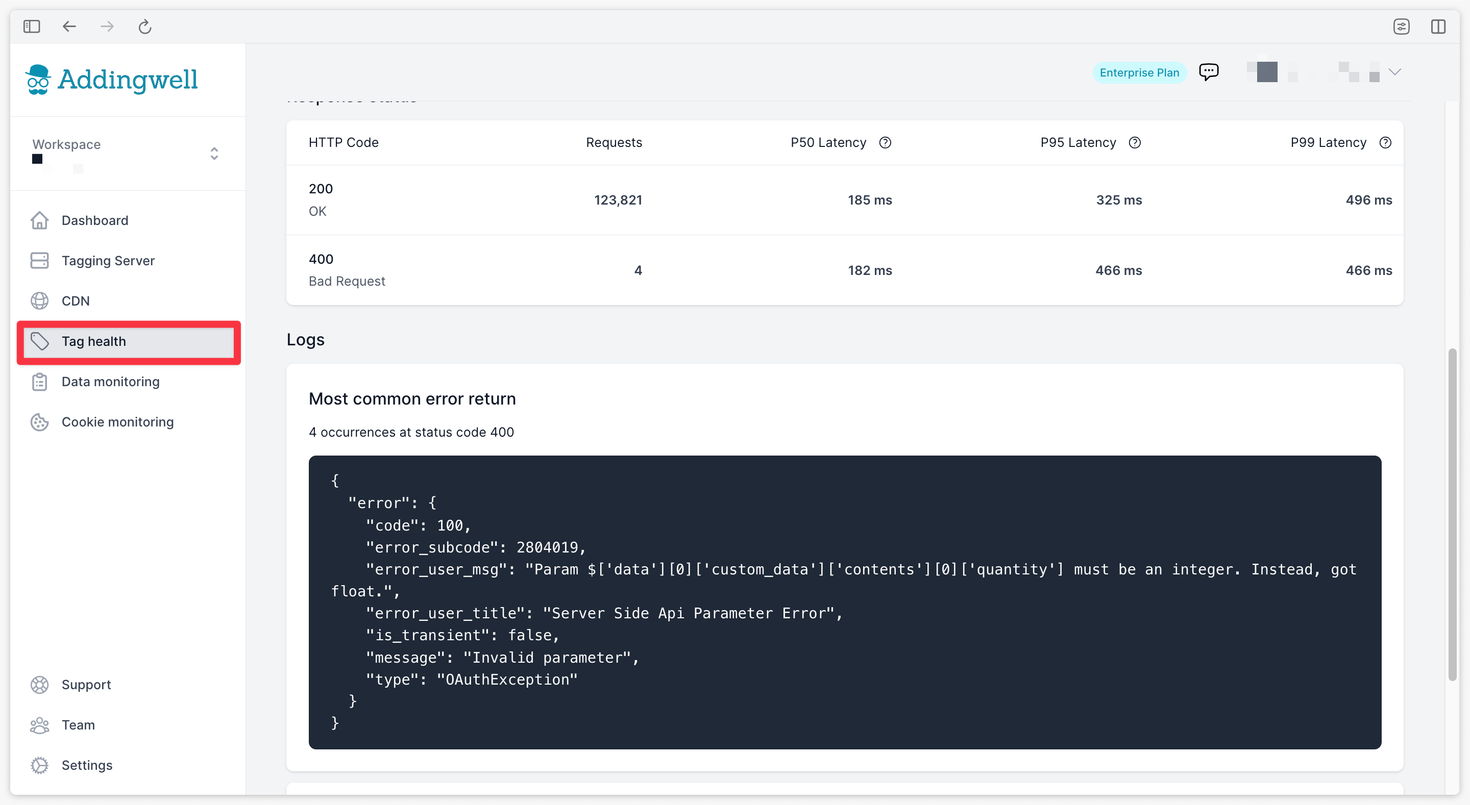 Vérification des logs sur les requêtes en erreur pour Meta Conversions API via l'espace de travail Adddingwell