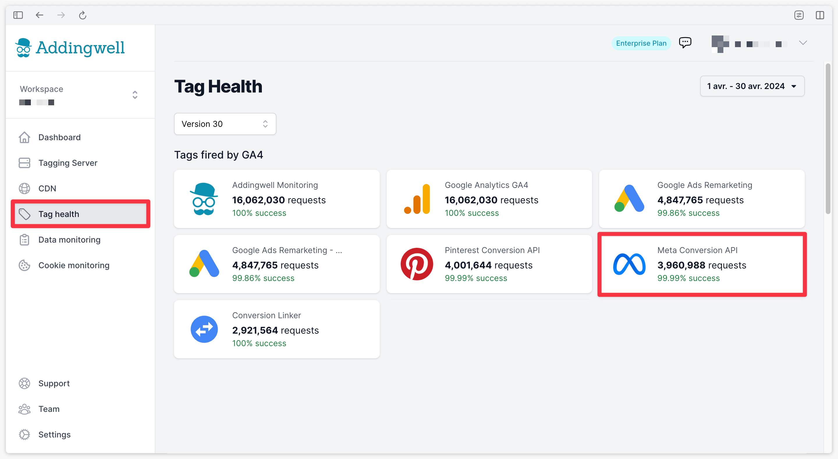 Vérifier les requêtes Meta Conversion API sur l'espace de travail Adddingwell